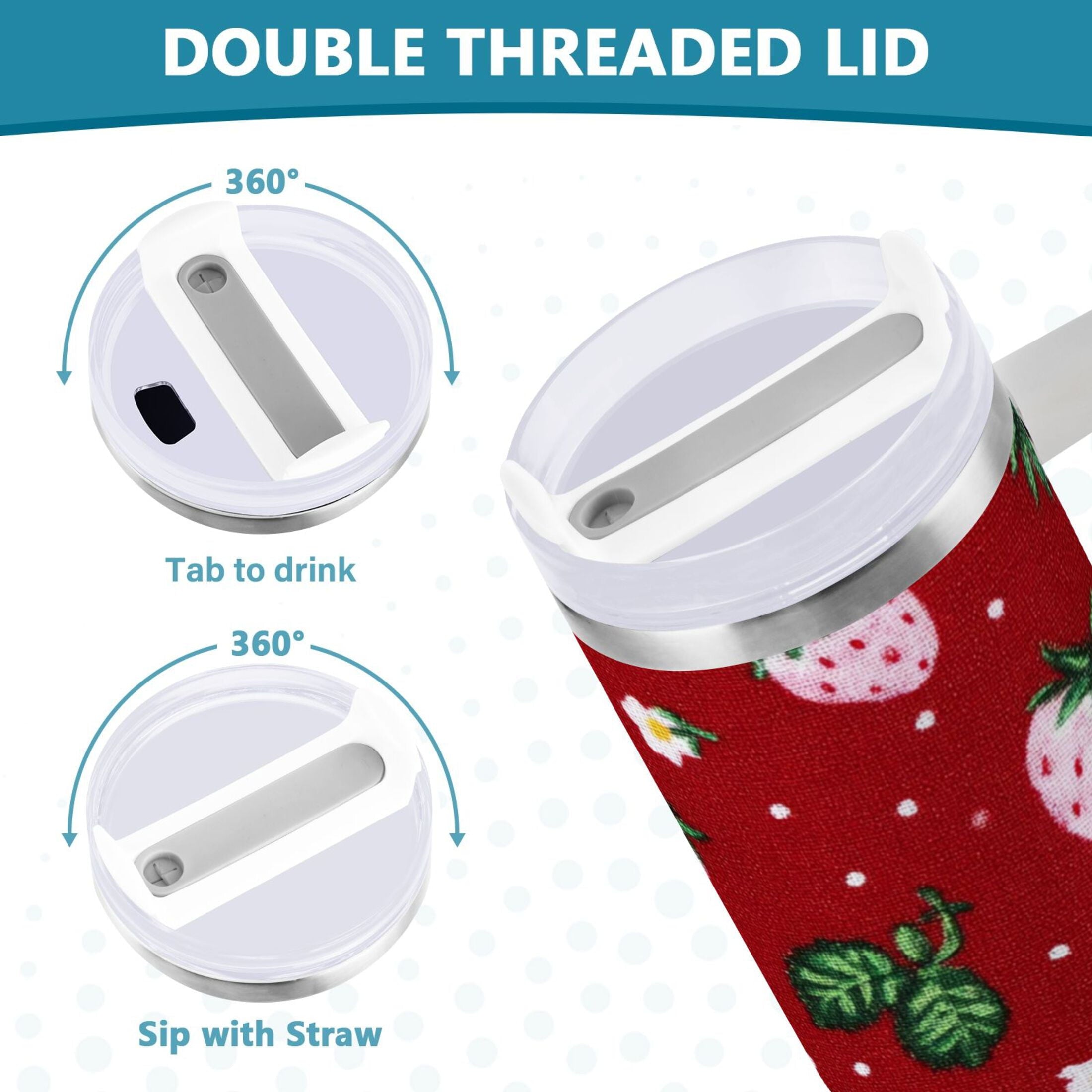 30 oz Insulated Stainless Steel Tumbler Double Wall Stainless Steel Tumbler with 2-Way Drinking Cute Pink Strawberry Pattern - L6WF
