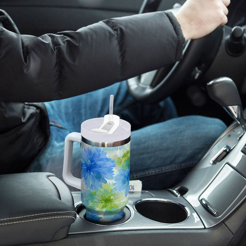 40 oz Insulated Stainless Steel Tumbler Double Wall Stainless Steel Tumbler with 2-Way Drinking Watercolor Blue Cornflowers - 475G