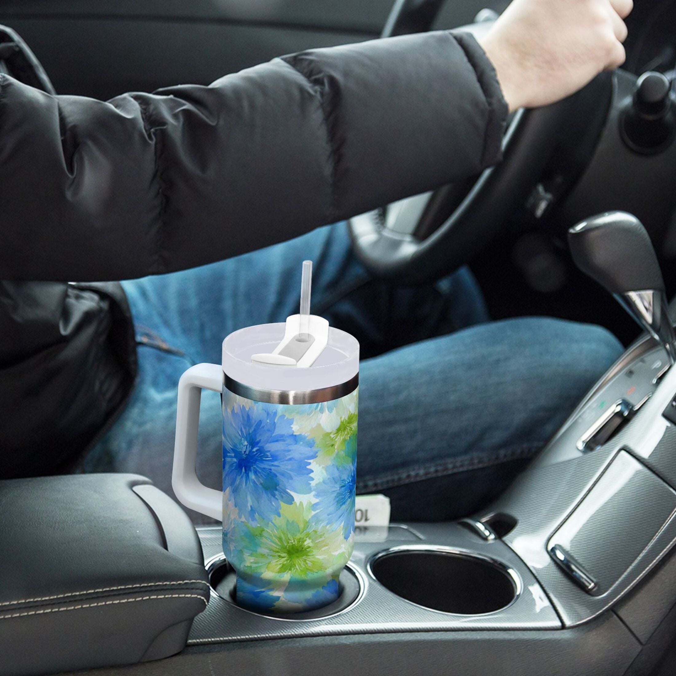 40 oz Insulated Stainless Steel Tumbler Double Wall Stainless Steel Tumbler with 2-Way Drinking Watercolor Blue Cornflowers - 475G