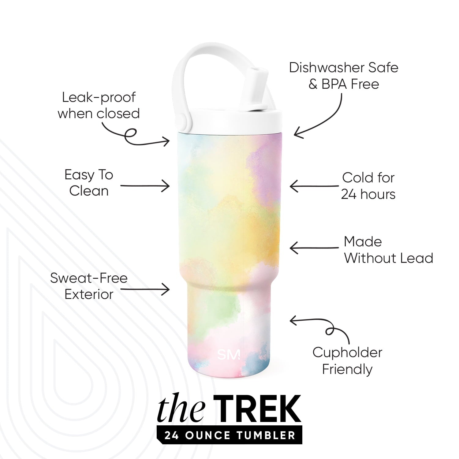 Simple Modern 24 fl oz Insulated Stainless Steel Trek Pivot Tumbler with Straw Lid and Top Handle|Cotton Candy Tie Dye - 9LP2