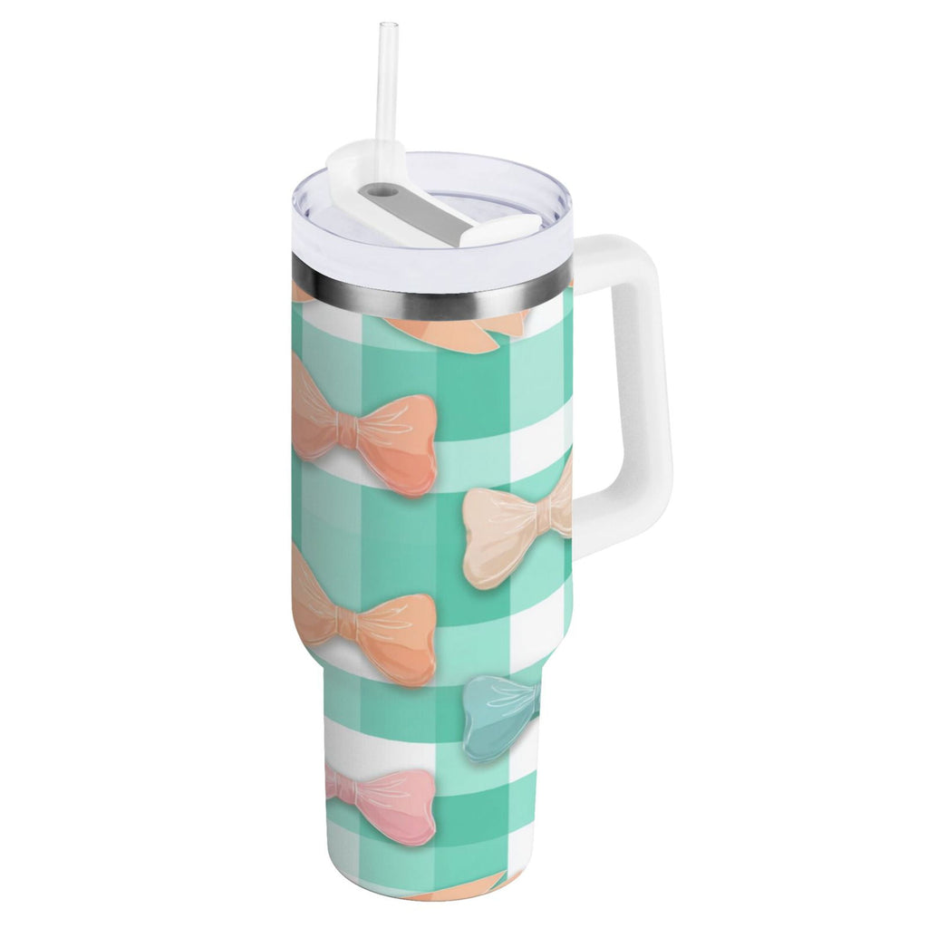 40 oz Insulated Stainless Steel Tumbler Double Wall Stainless Steel Tumbler with 2-Way Drinking Pastel Green and Peach Bows - 3LJ9