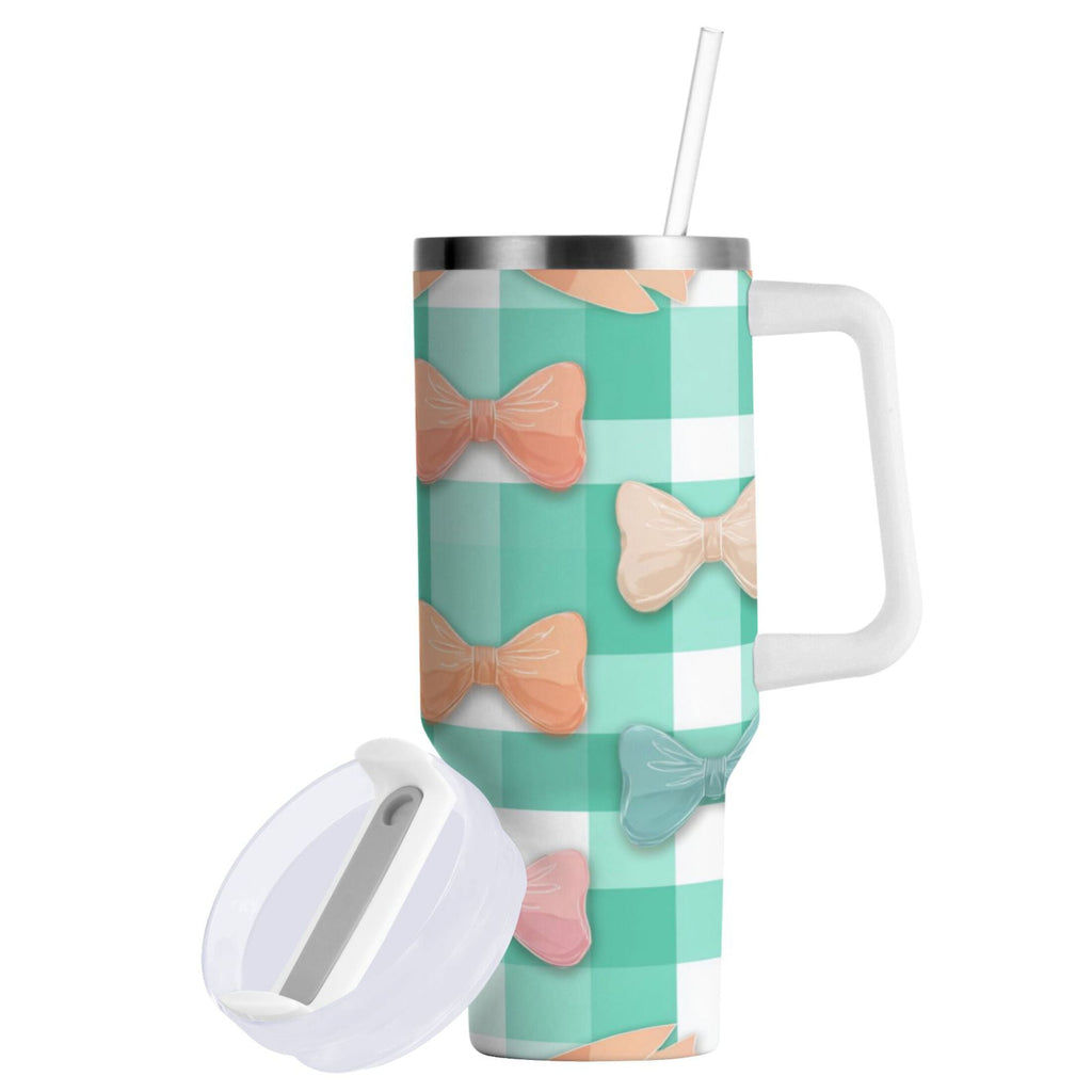 40 oz Insulated Stainless Steel Tumbler Double Wall Stainless Steel Tumbler with 2-Way Drinking Pastel Green and Peach Bows - 3LJ9