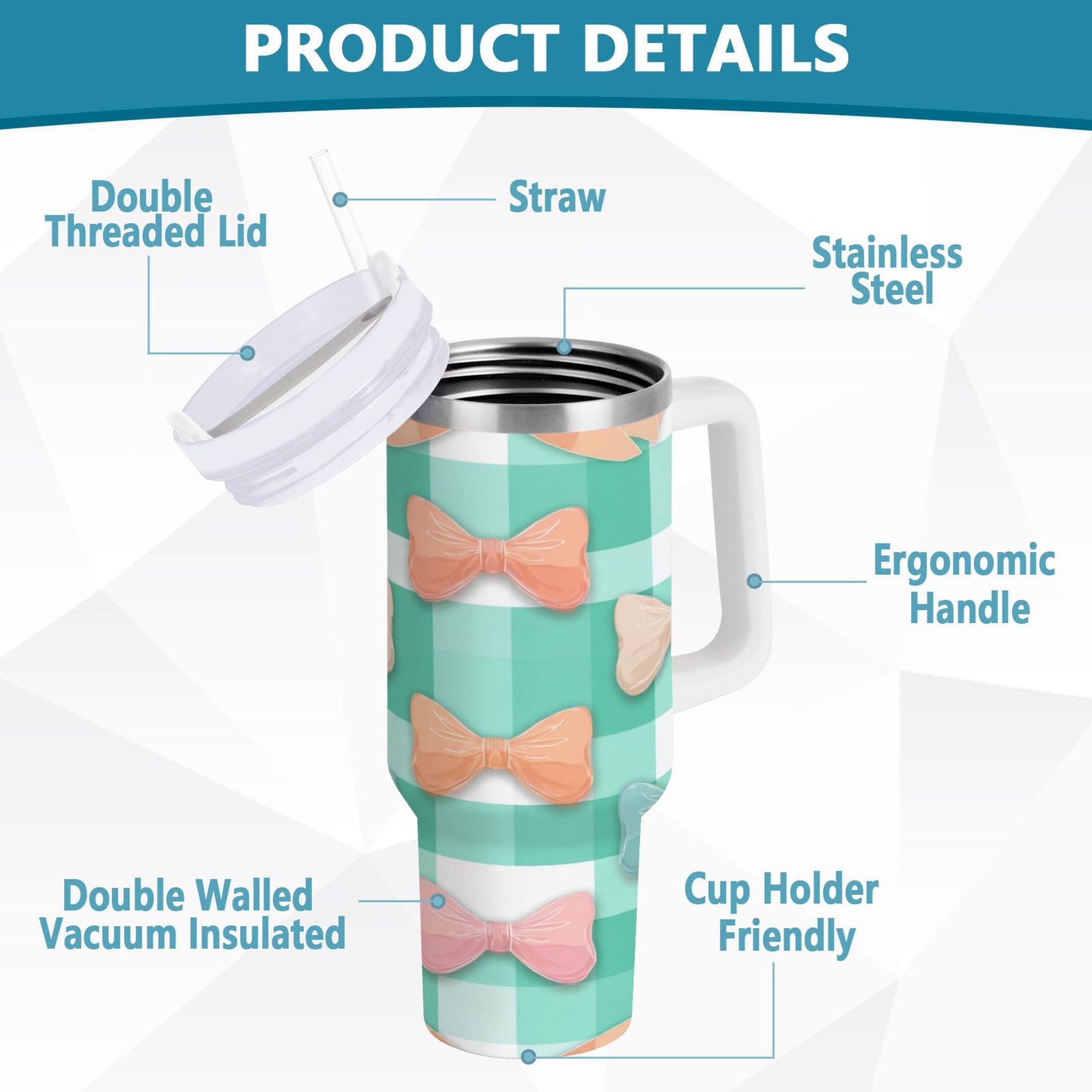 40 oz Insulated Stainless Steel Tumbler Double Wall Stainless Steel Tumbler with 2-Way Drinking Pastel Green and Peach Bows - 3LJ9