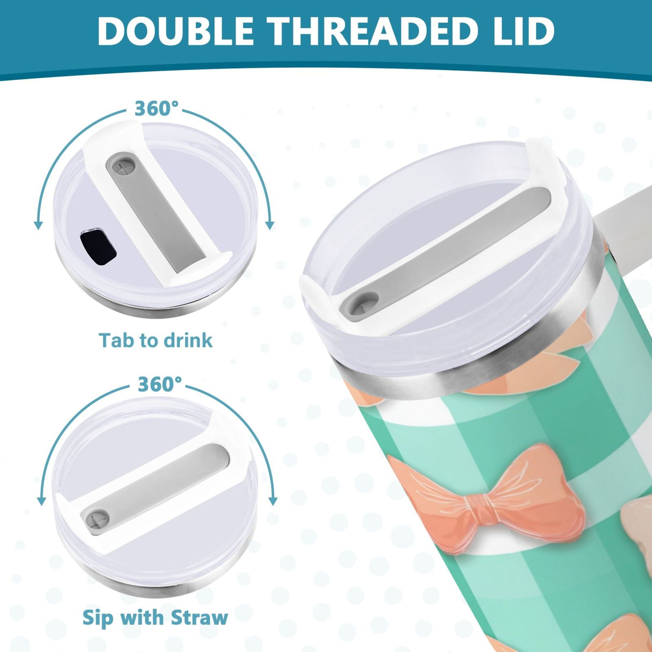 40 oz Insulated Stainless Steel Tumbler Double Wall Stainless Steel Tumbler with 2-Way Drinking Pastel Green and Peach Bows - 3LJ9