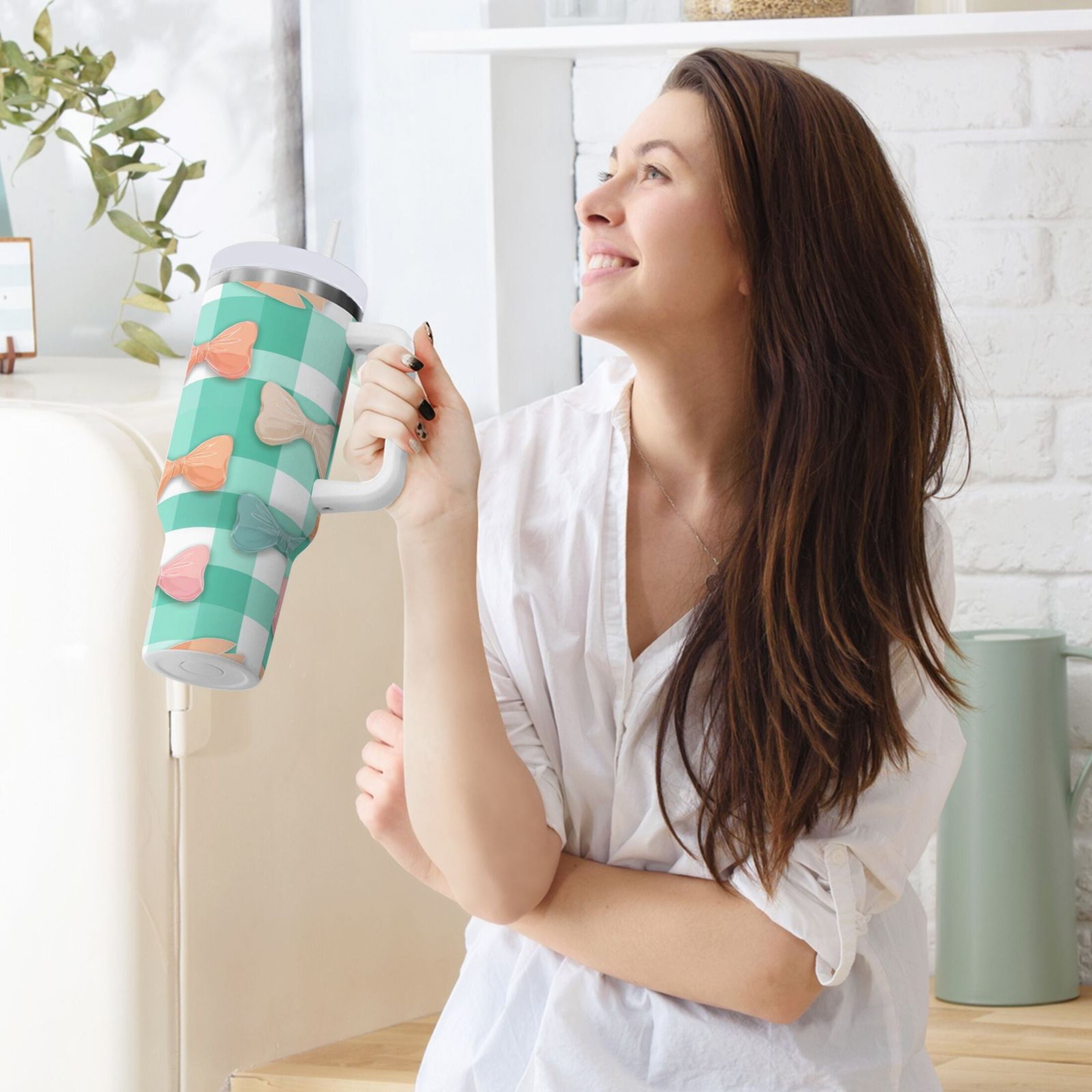 40 oz Insulated Stainless Steel Tumbler Double Wall Stainless Steel Tumbler with 2-Way Drinking Pastel Green and Peach Bows - 3LJ9