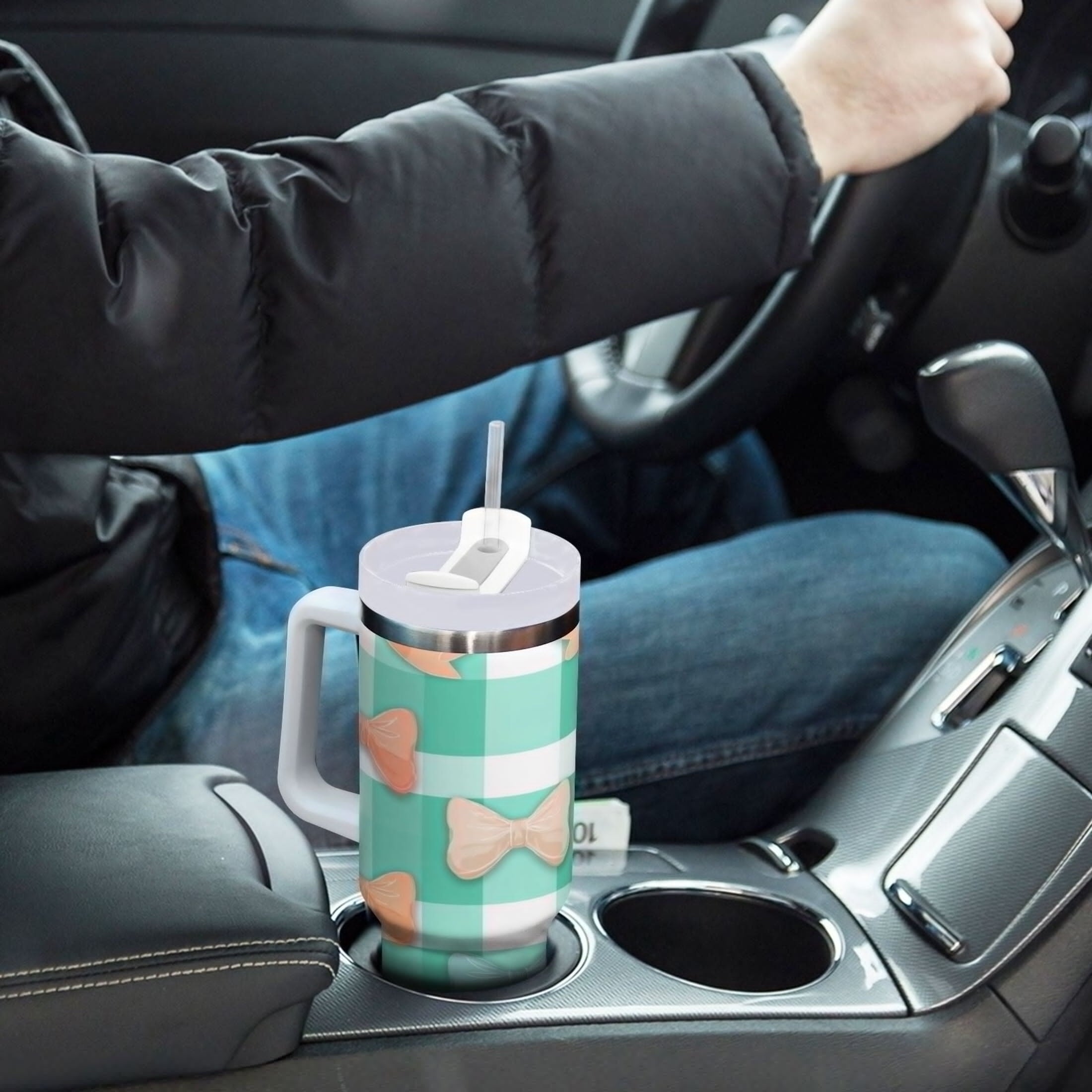 40 oz Insulated Stainless Steel Tumbler Double Wall Stainless Steel Tumbler with 2-Way Drinking Pastel Green and Peach Bows - 3LJ9