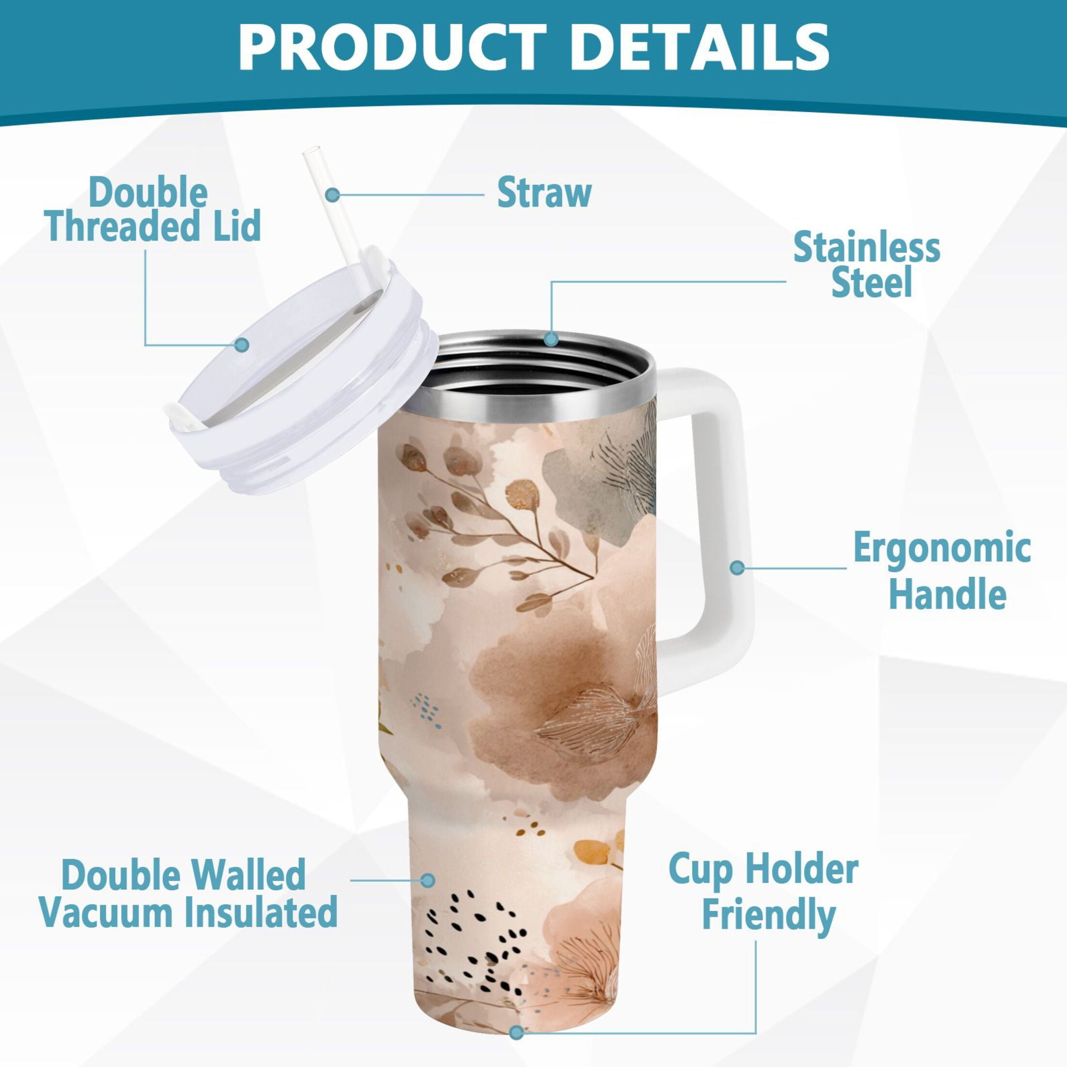30 oz Insulated Stainless Steel Tumbler Double Wall Stainless Steel Tumbler with 2-Way Drinking Hazy Ethereal Flowers - HLE7