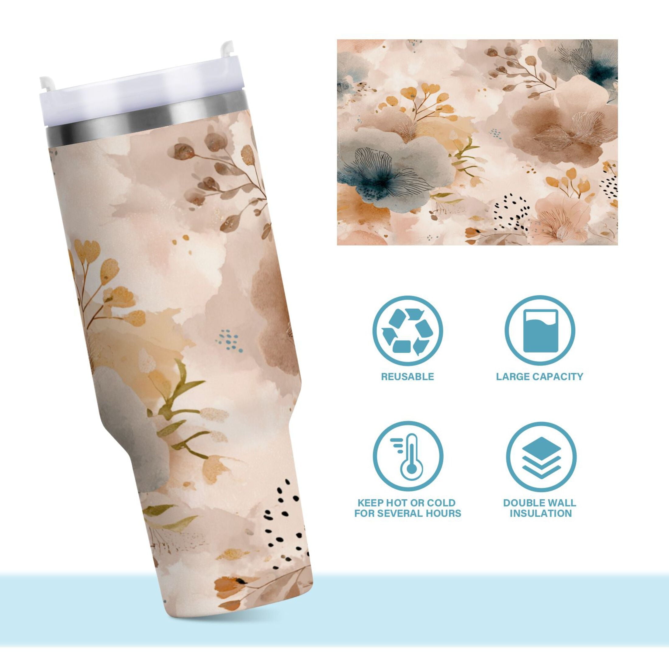 30 oz Insulated Stainless Steel Tumbler Double Wall Stainless Steel Tumbler with 2-Way Drinking Hazy Ethereal Flowers - HLE7
