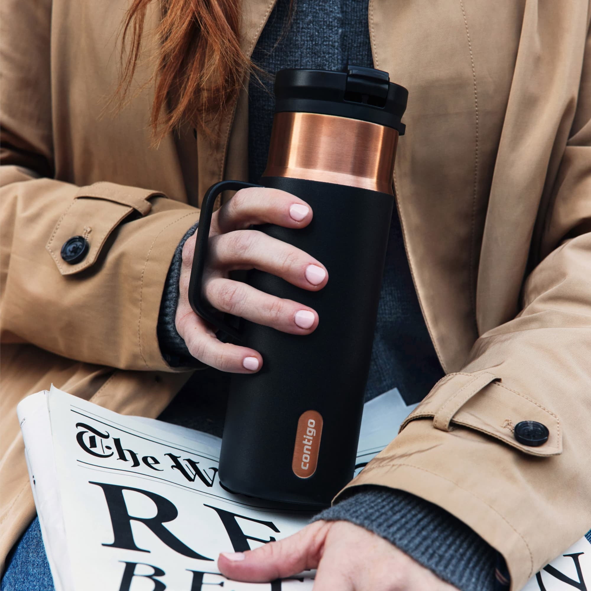 Contigo SnapSeal Leakproof Stainless Steel Reusable Water Bottle Tumbler with Side Handle, Dark Blue/Bronze, 20 oz - 2KE2