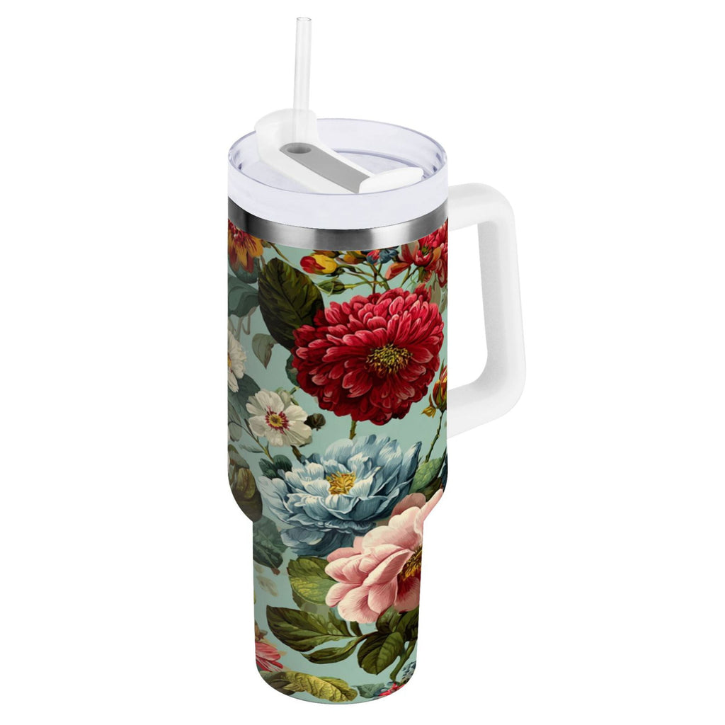 40 oz Insulated Stainless Steel Tumbler Double Wall Stainless Steel Tumbler with 2-Way Drinking Floral Pattern with Roses - 7ZDD