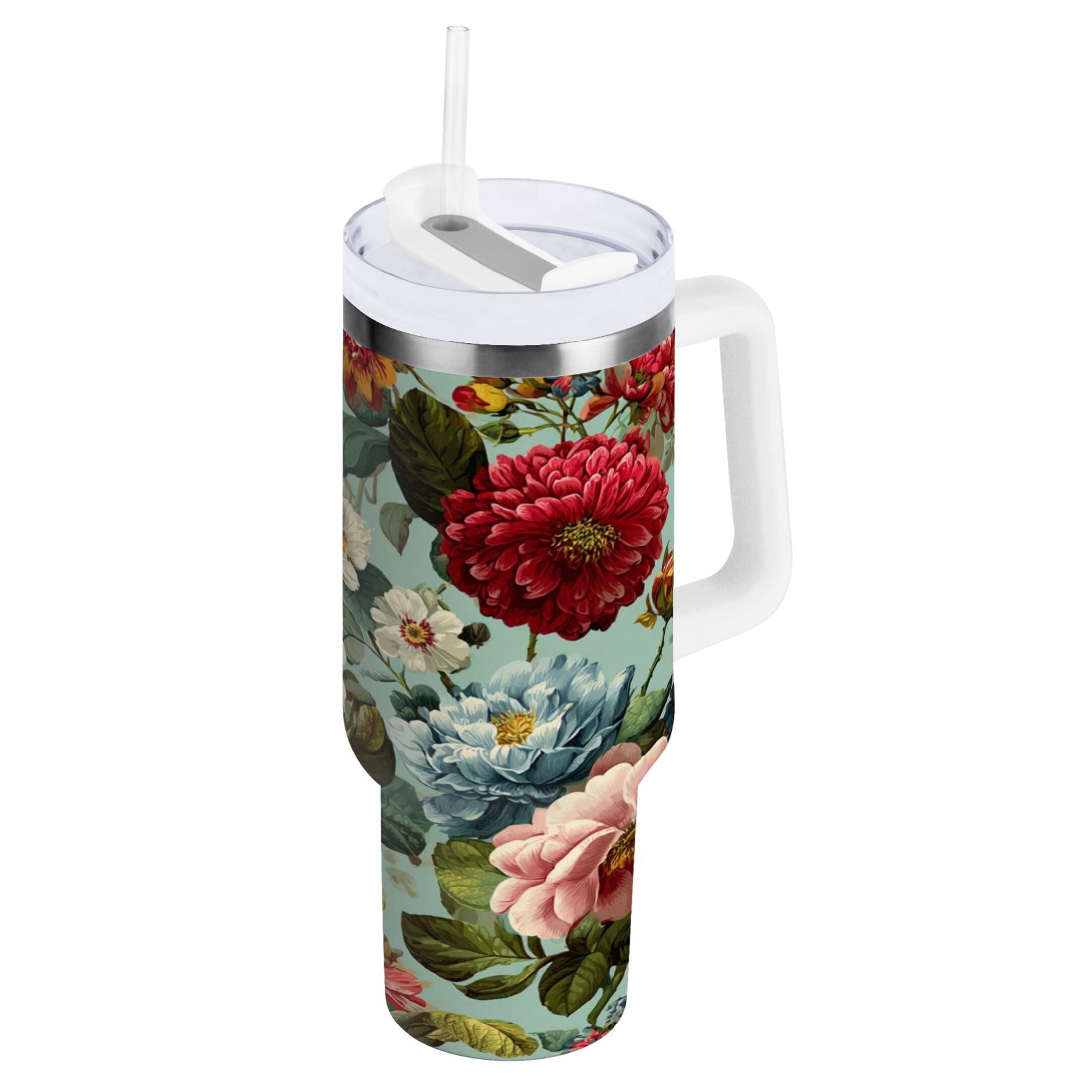 40 oz Insulated Stainless Steel Tumbler Double Wall Stainless Steel Tumbler with 2-Way Drinking Floral Pattern with Roses - 7ZDD