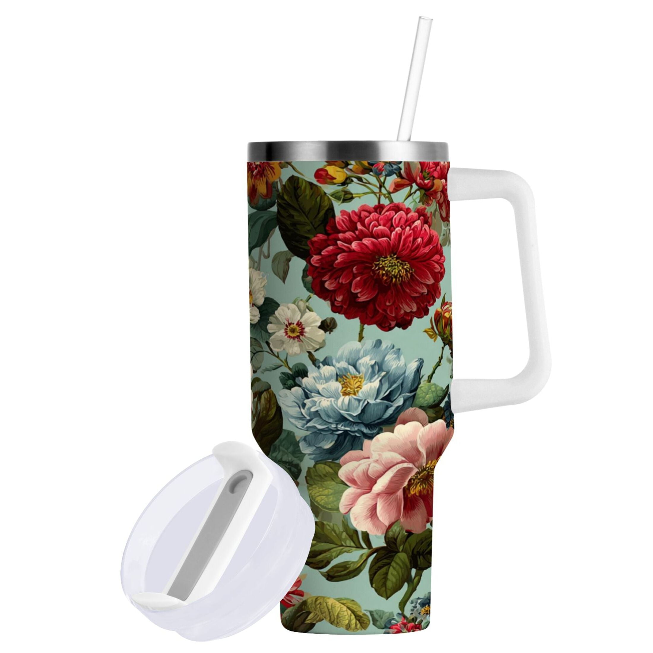 40 oz Insulated Stainless Steel Tumbler Double Wall Stainless Steel Tumbler with 2-Way Drinking Floral Pattern with Roses - 7ZDD