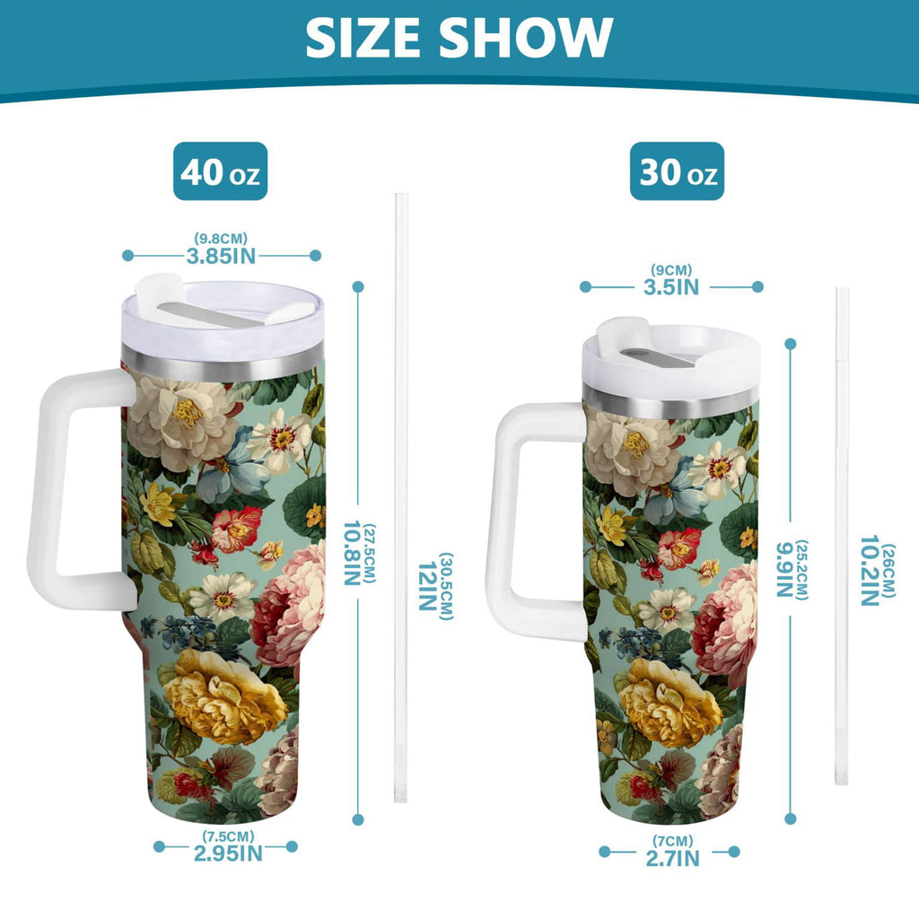 40 oz Insulated Stainless Steel Tumbler Double Wall Stainless Steel Tumbler with 2-Way Drinking Floral Pattern with Roses - 7ZDD