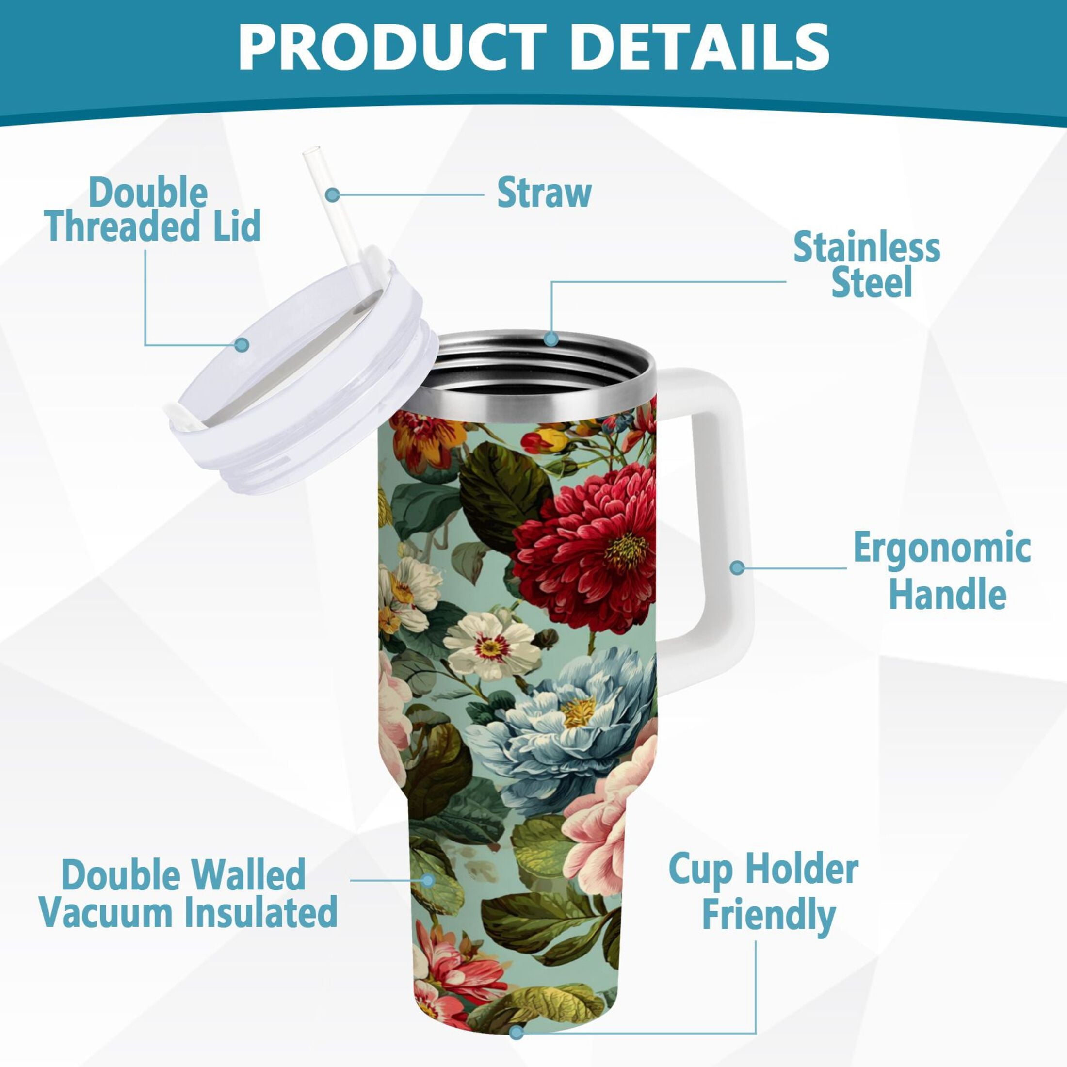 40 oz Insulated Stainless Steel Tumbler Double Wall Stainless Steel Tumbler with 2-Way Drinking Floral Pattern with Roses - 7ZDD