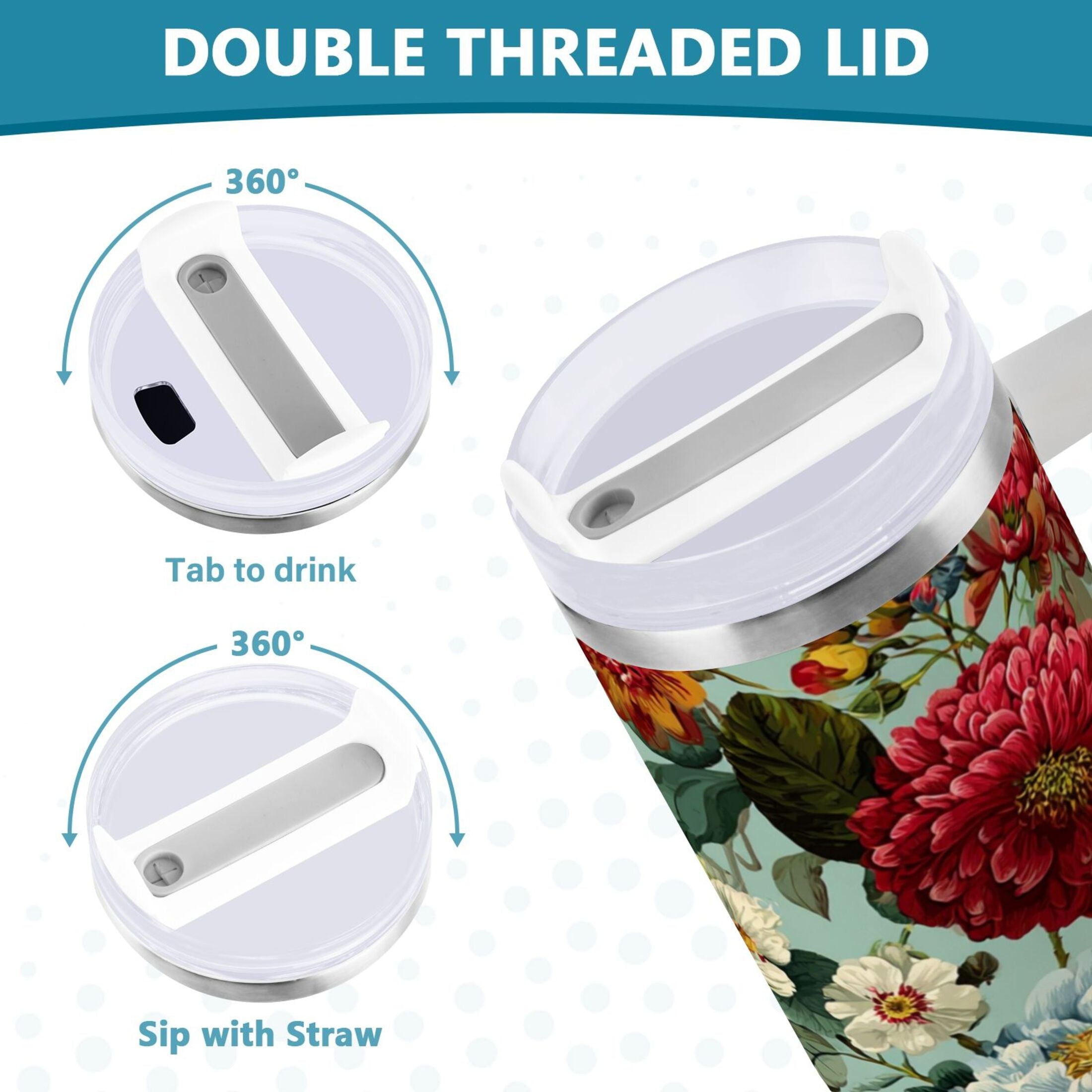 40 oz Insulated Stainless Steel Tumbler Double Wall Stainless Steel Tumbler with 2-Way Drinking Floral Pattern with Roses - 7ZDD