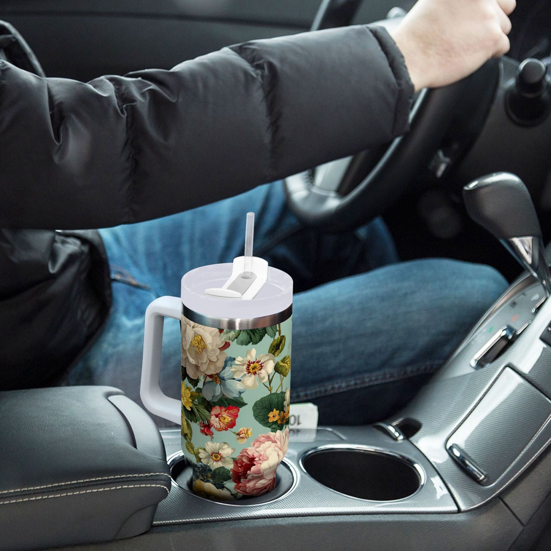 40 oz Insulated Stainless Steel Tumbler Double Wall Stainless Steel Tumbler with 2-Way Drinking Floral Pattern with Roses - 7ZDD