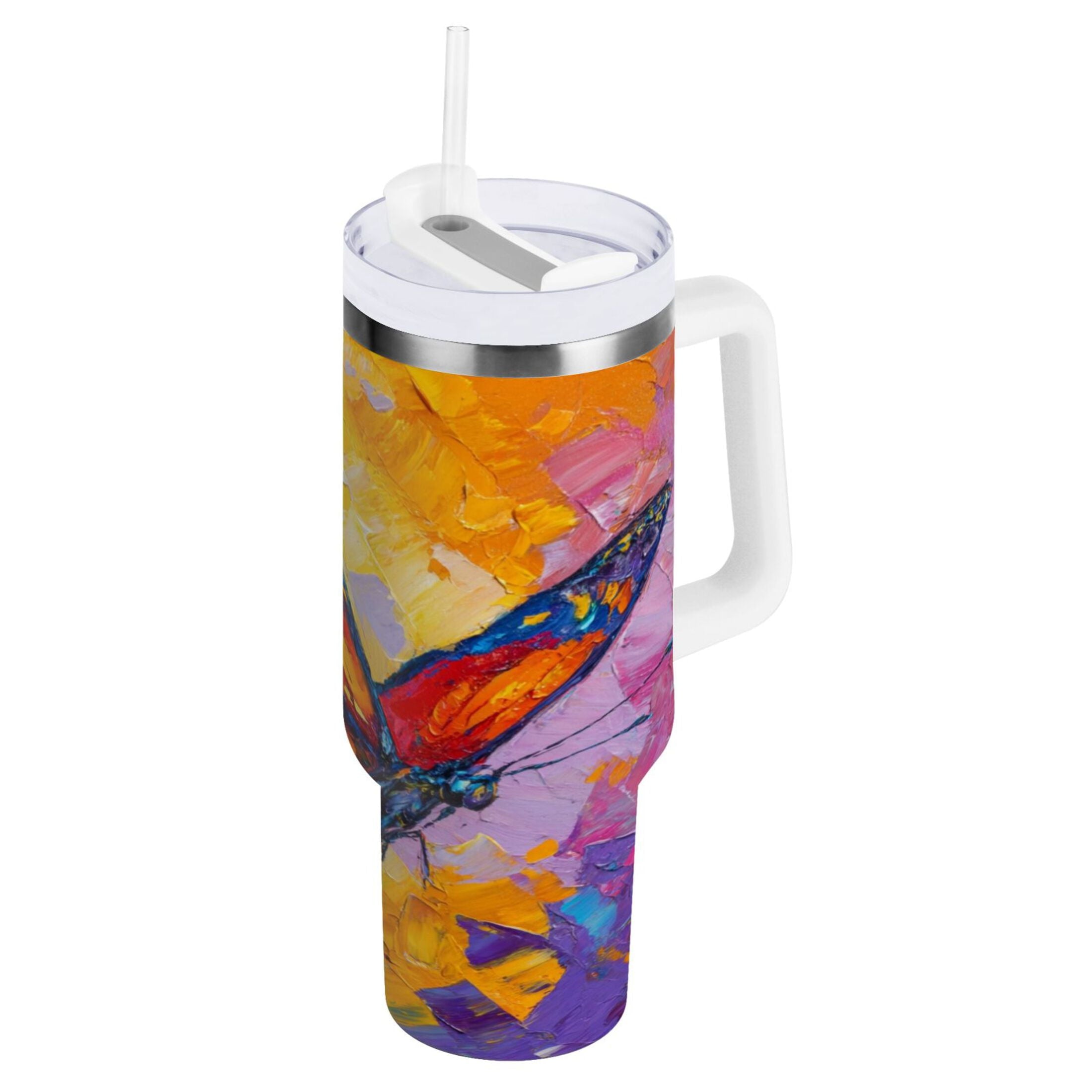 30 oz Insulated Stainless Steel Tumbler Double Wall Stainless Steel Tumbler with 2-Way Drinking Colorful Butterfly Flying - 74VU