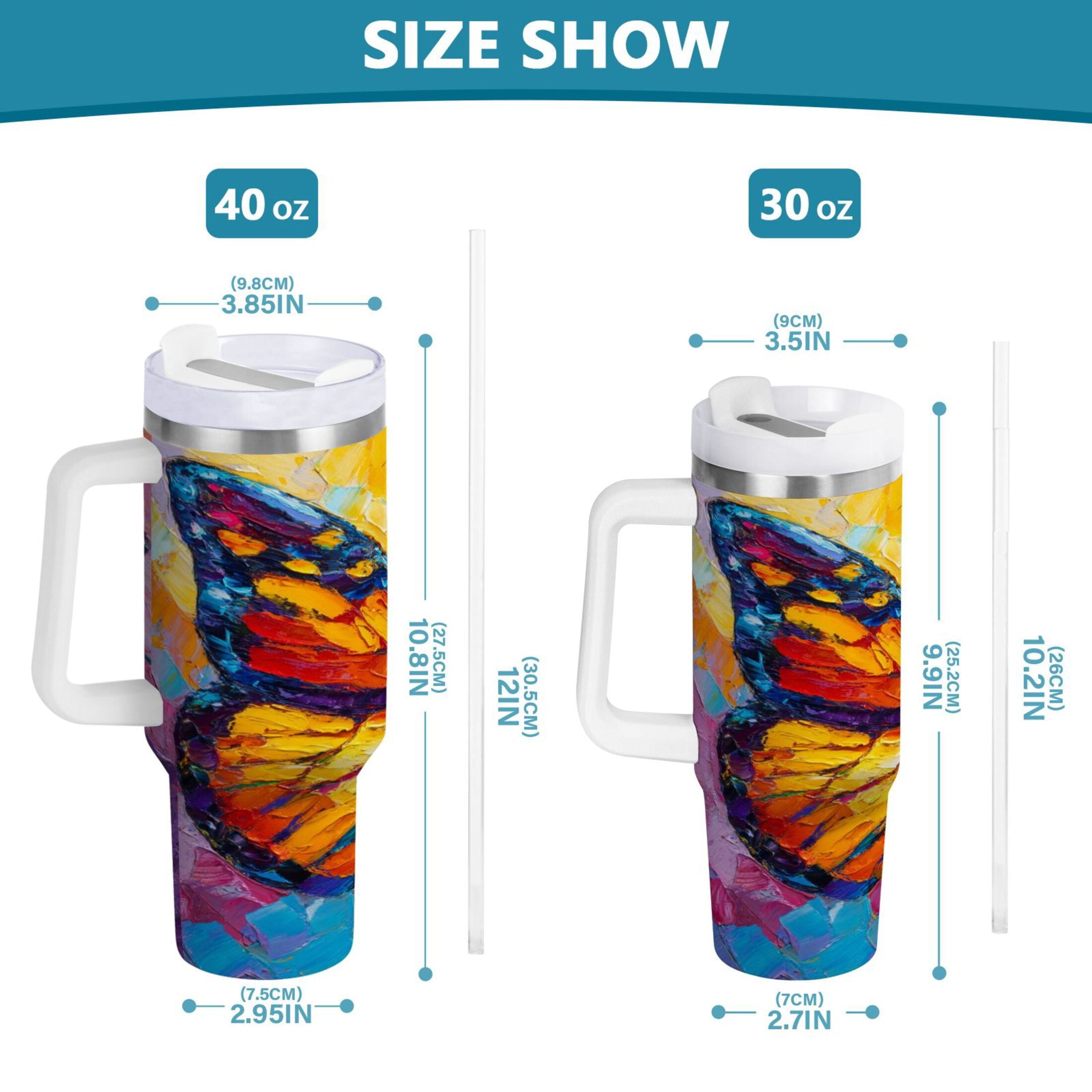 30 oz Insulated Stainless Steel Tumbler Double Wall Stainless Steel Tumbler with 2-Way Drinking Colorful Butterfly Flying - 74VU