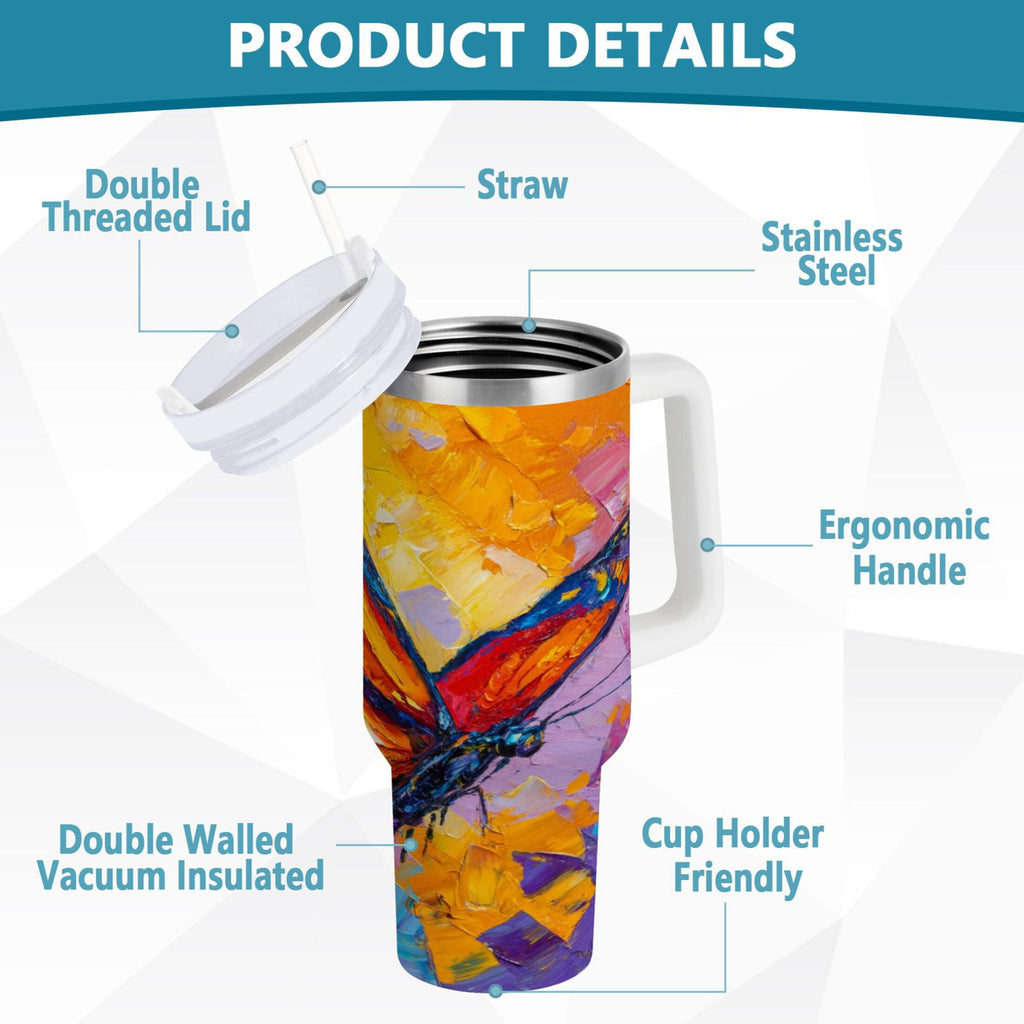30 oz Insulated Stainless Steel Tumbler Double Wall Stainless Steel Tumbler with 2-Way Drinking Colorful Butterfly Flying - 74VU