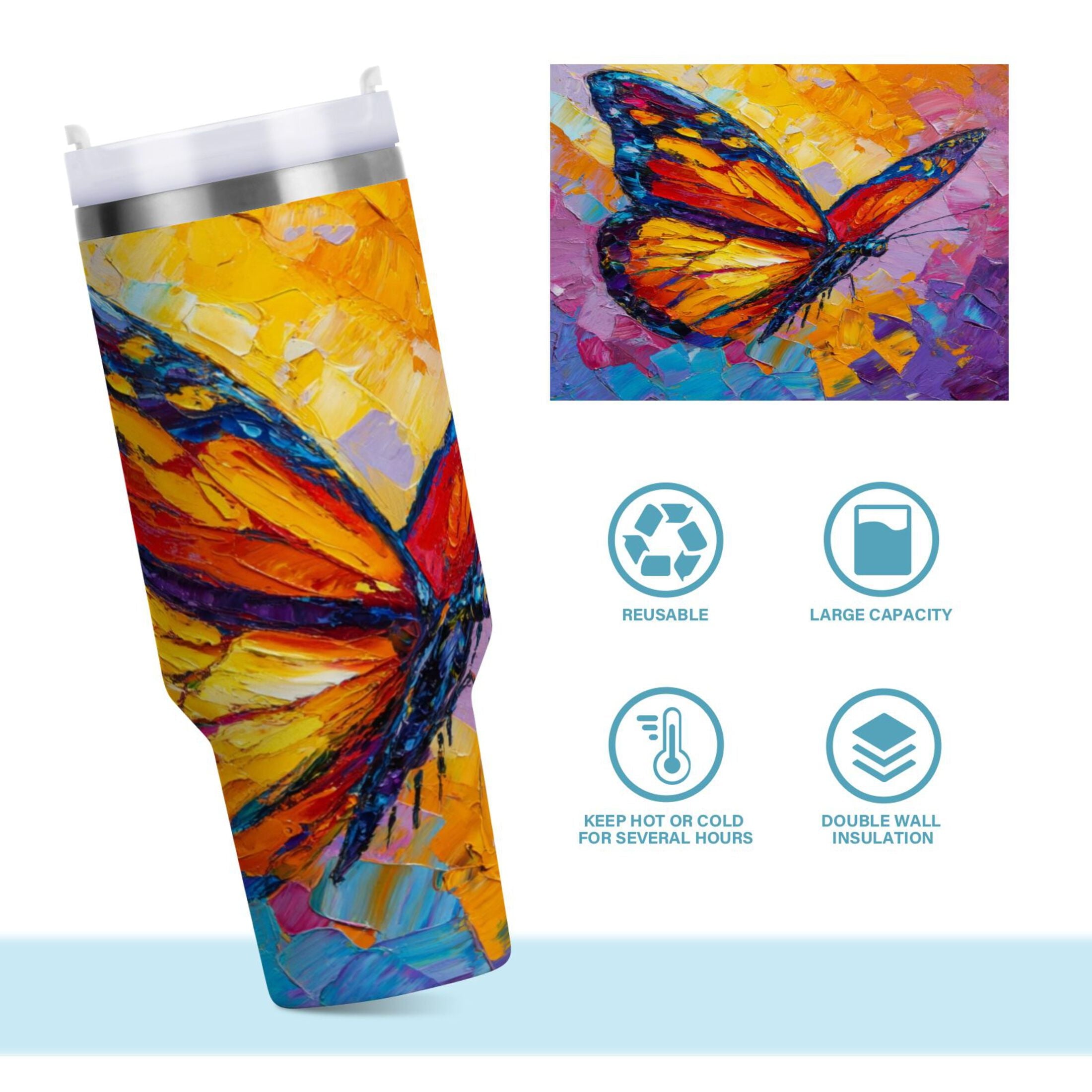 30 oz Insulated Stainless Steel Tumbler Double Wall Stainless Steel Tumbler with 2-Way Drinking Colorful Butterfly Flying - 74VU