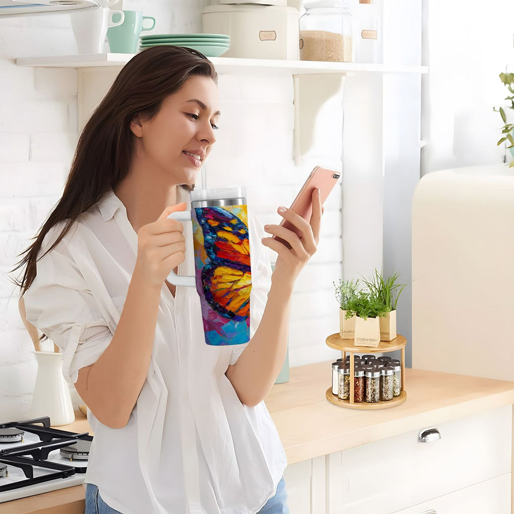 30 oz Insulated Stainless Steel Tumbler Double Wall Stainless Steel Tumbler with 2-Way Drinking Colorful Butterfly Flying - 74VU