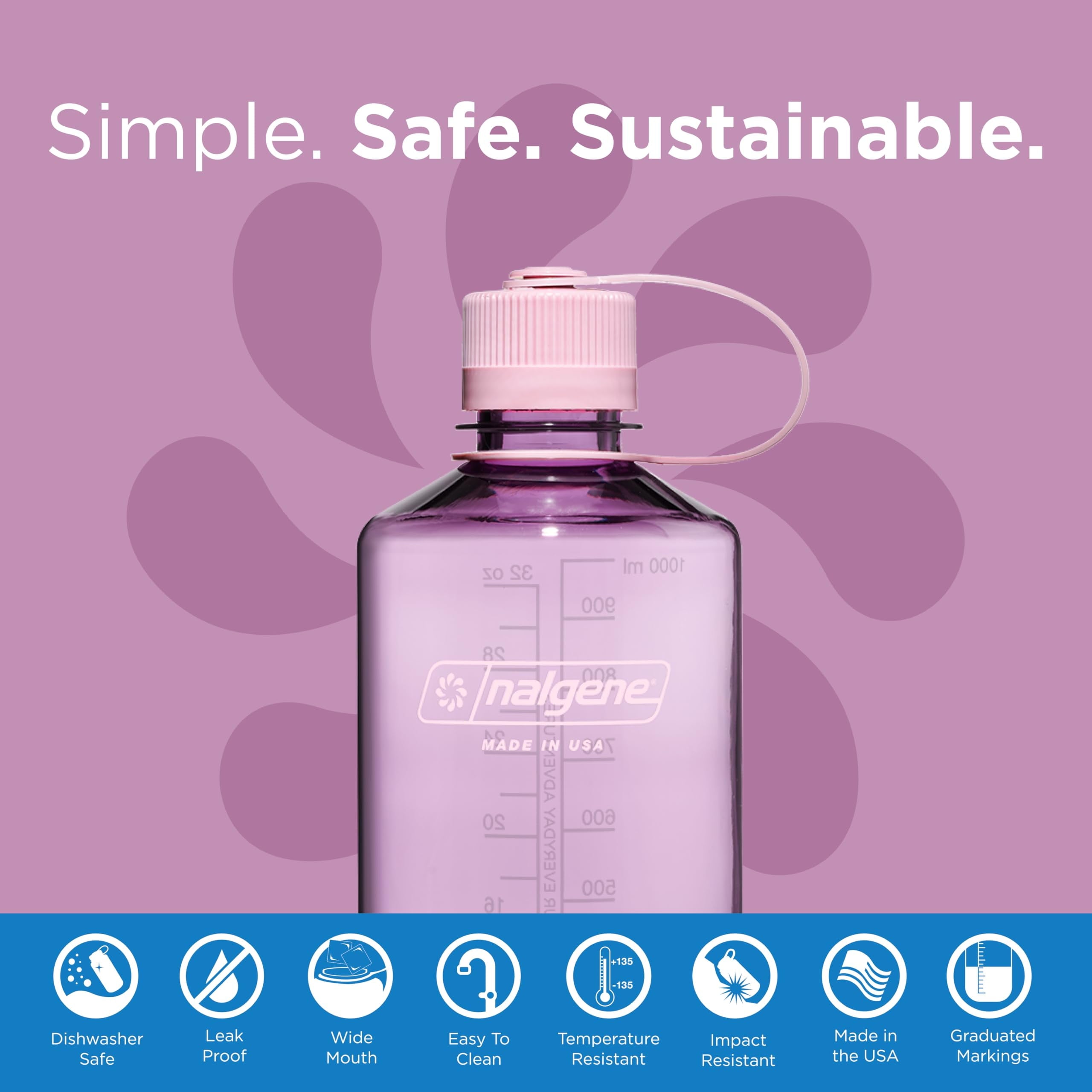 Nalgene Sustain Tritan BPA-Free Water Bottle Made with Material Derived from 50% Plastic Waste (using ISCC certified mass balance), 32 OZ, Narrow Mouth, Cherry Blossom - RU82