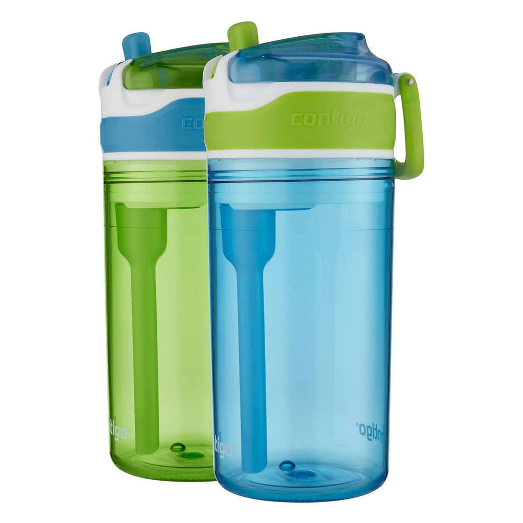 Contigo Kids 2-in-1 Snack Hero Tumbler Featuring 4oz Snack Holder Stacked on Top of 13oz Water Bottle - BPA Free, Durable Tritan w/Flexible Carry Handle &amp; Spill-Proof Valve, Green &amp; Blue – 2 Pack - 286D