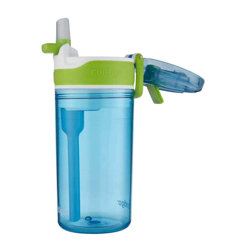Contigo Kids 2-in-1 Snack Hero Tumbler Featuring 4oz Snack Holder Stacked on Top of 13oz Water Bottle - BPA Free, Durable Tritan w/Flexible Carry Handle &amp; Spill-Proof Valve, Green &amp; Blue – 2 Pack - 286D