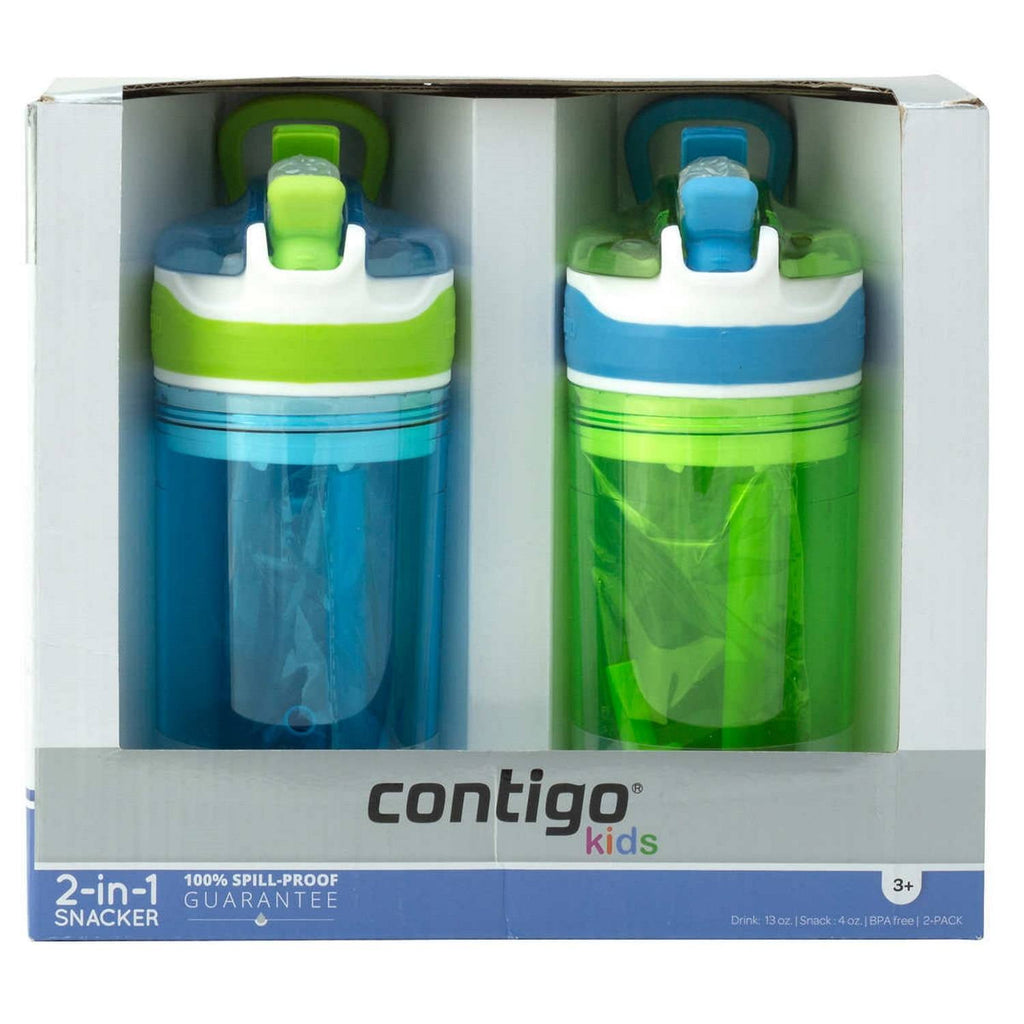 Contigo Kids 2-in-1 Snack Hero Tumbler Featuring 4oz Snack Holder Stacked on Top of 13oz Water Bottle - BPA Free, Durable Tritan w/Flexible Carry Handle &amp; Spill-Proof Valve, Green &amp; Blue – 2 Pack - 286D