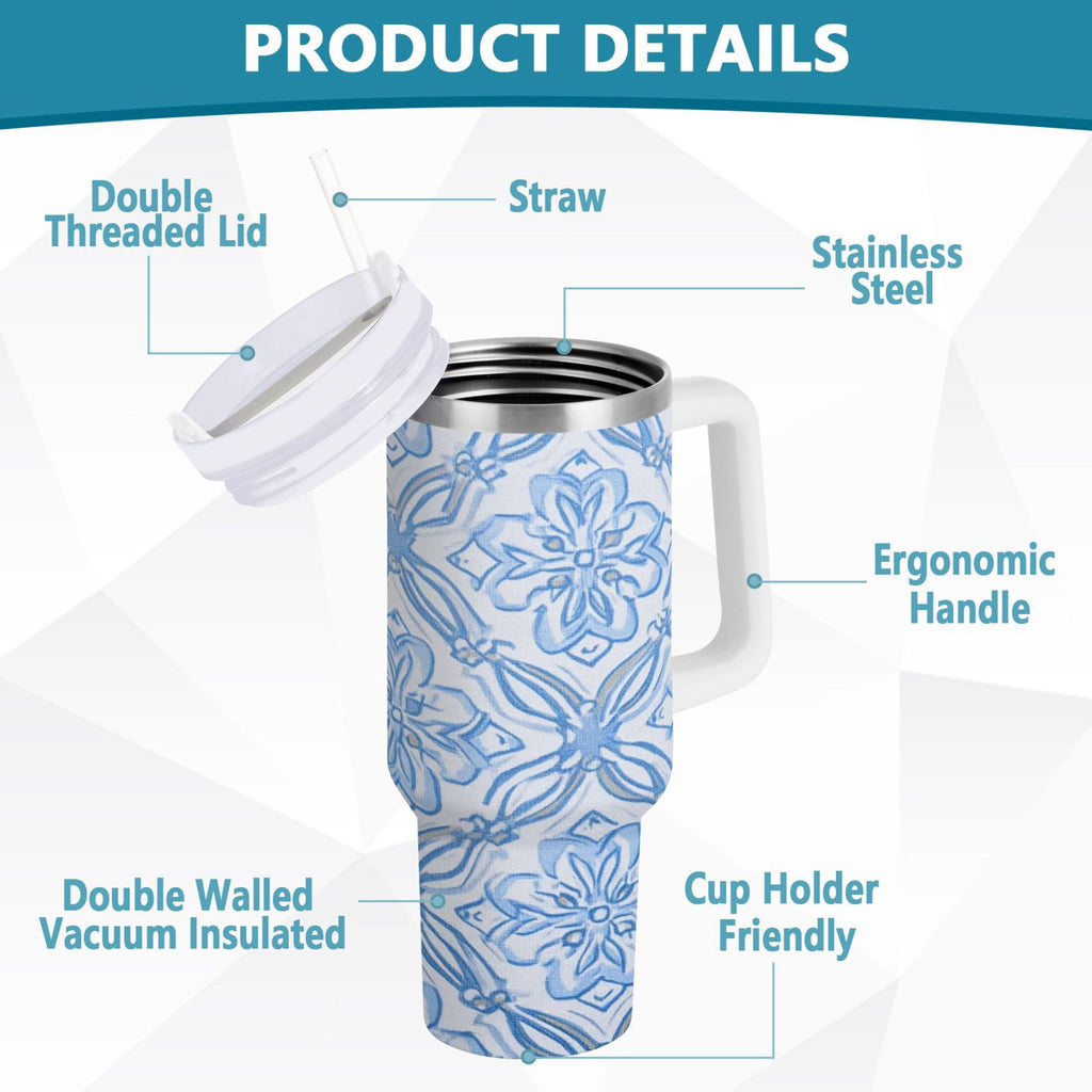 30 oz Insulated Stainless Steel Tumbler Double Wall Stainless Steel Tumbler with 2-Way Drinking Blue Elegant Geometric Design - VATX