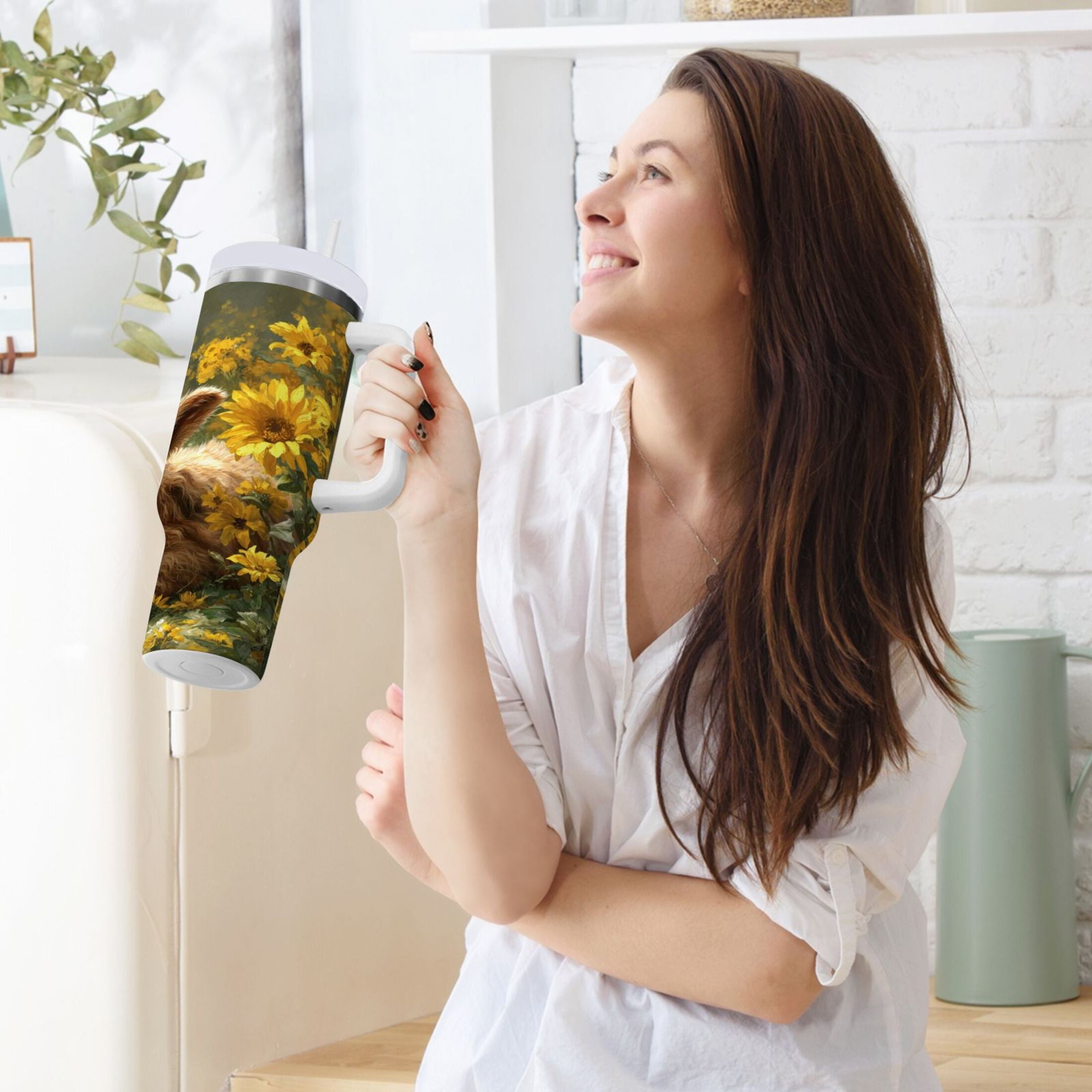 40 oz Insulated Stainless Steel Tumbler Double Wall Stainless Steel Tumbler with 2-Way Drinking Cow Lying in Sunflowers - GKZT