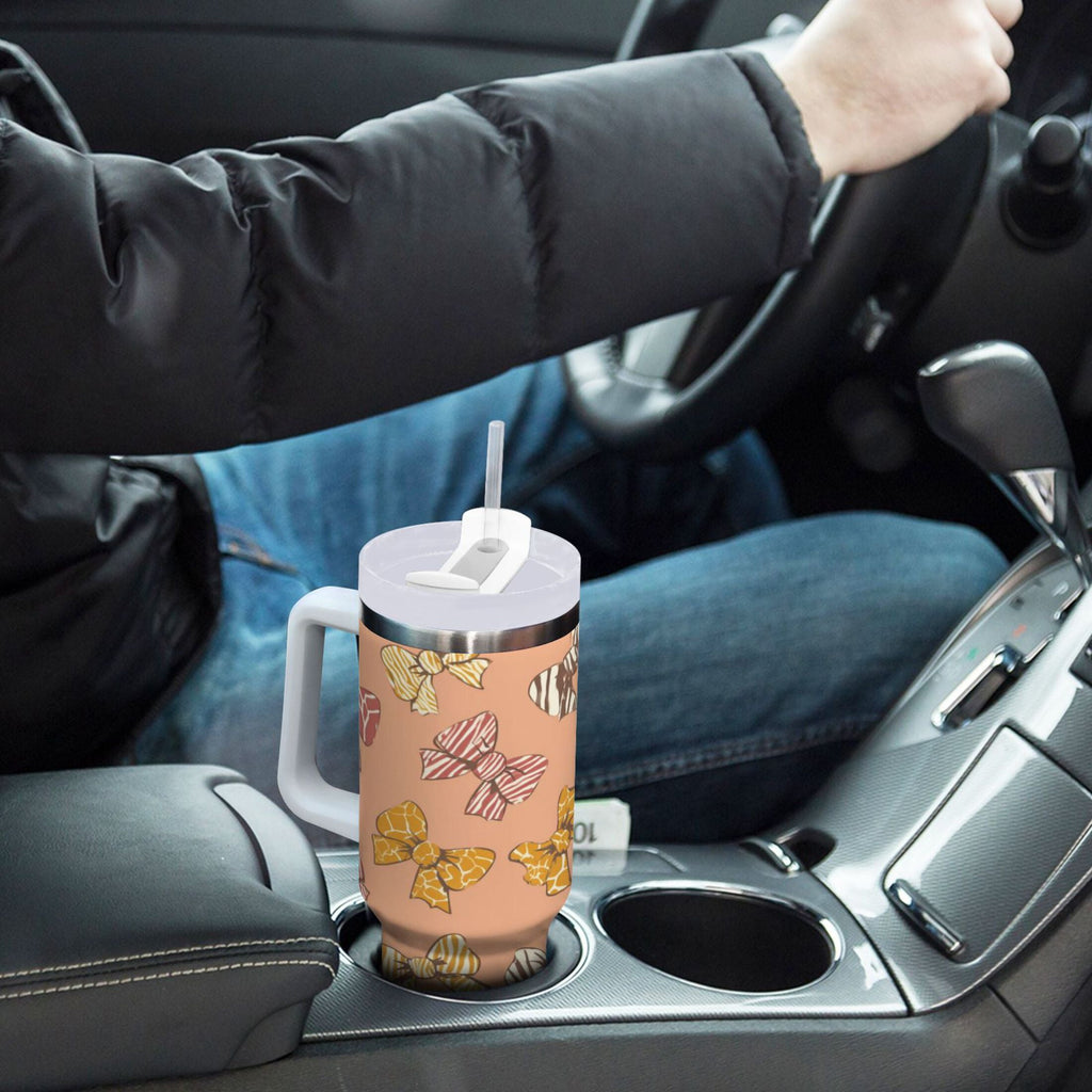 40 oz Insulated Stainless Steel Tumbler Double Wall Stainless Steel Tumbler with 2-Way Drinking Cute Animal Print Bows - 6ZPU