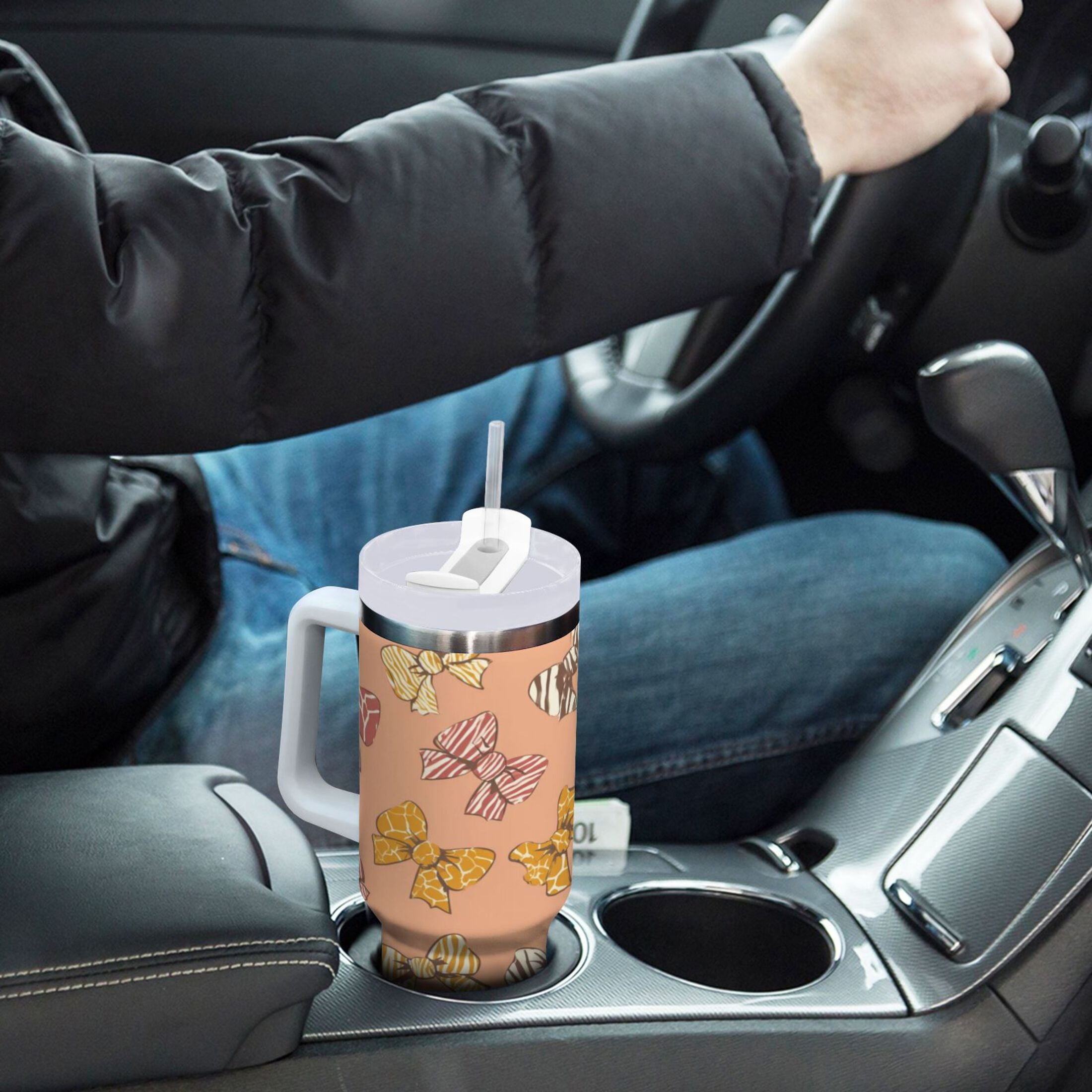 40 oz Insulated Stainless Steel Tumbler Double Wall Stainless Steel Tumbler with 2-Way Drinking Cute Animal Print Bows - 6ZPU