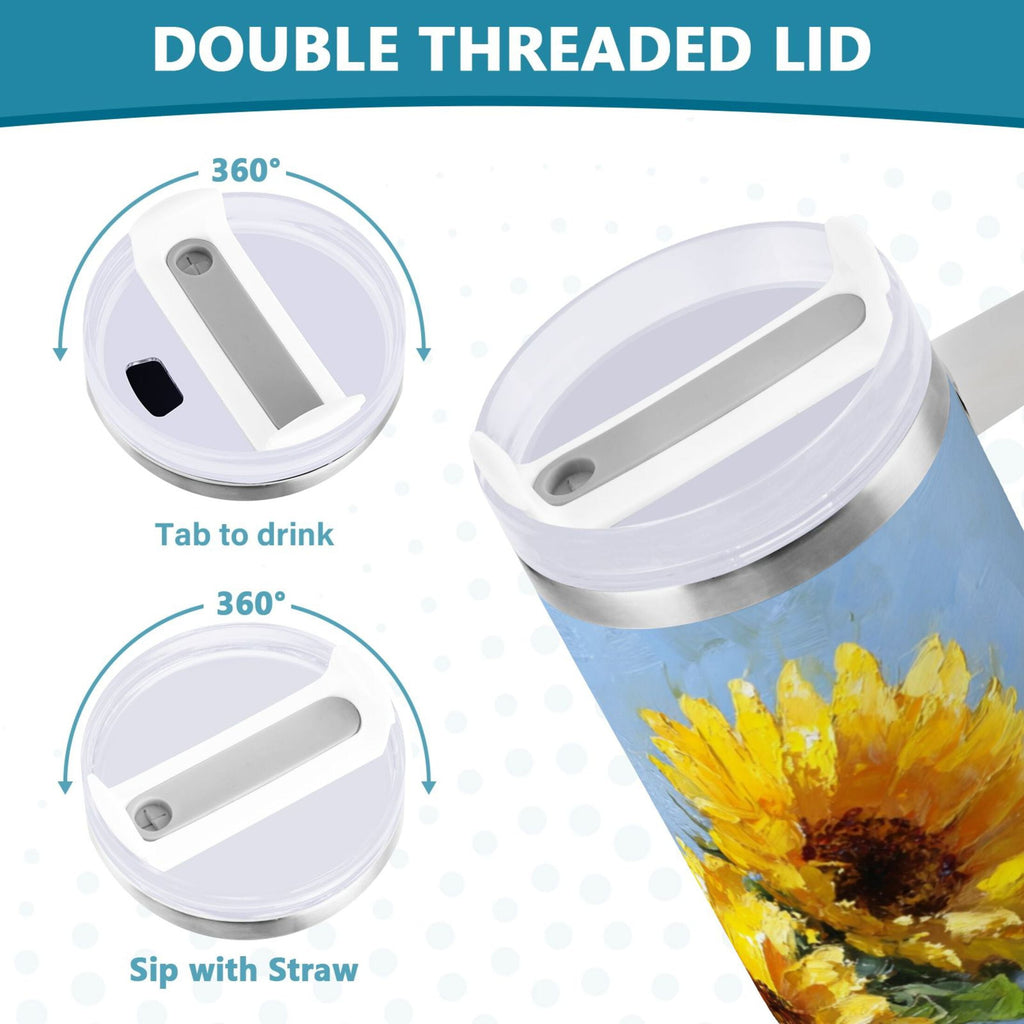 40 oz Insulated Stainless Steel Tumbler Double Wall Stainless Steel Tumbler with 2-Way Drinking Sunflowers Painting - WQK8