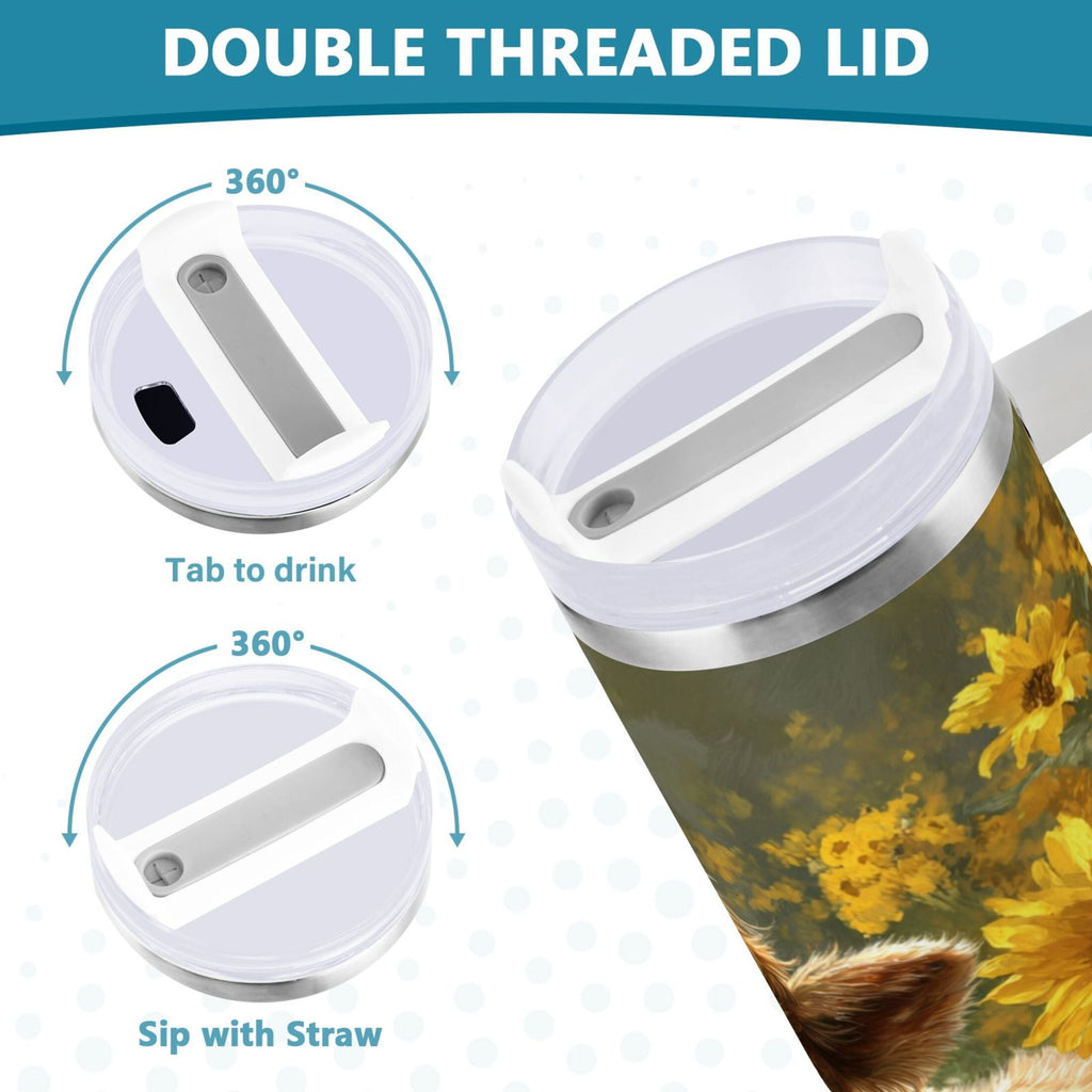 40 oz Insulated Stainless Steel Tumbler Double Wall Stainless Steel Tumbler with 2-Way Drinking Cow Lying in Sunflowers - GKZT