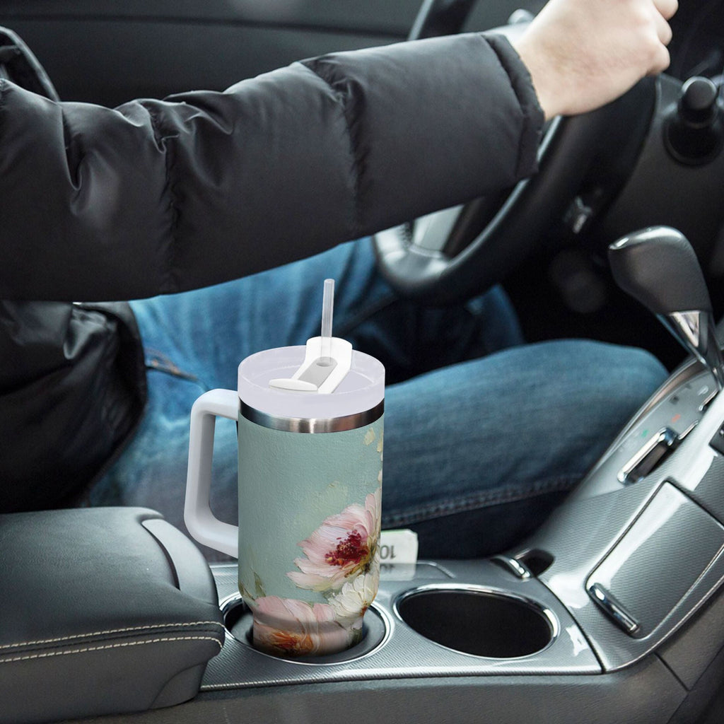 40 oz Insulated Stainless Steel Tumbler Double Wall Stainless Steel Tumbler with 2-Way Drinking Vintage Peonies and Daisies - KLSL