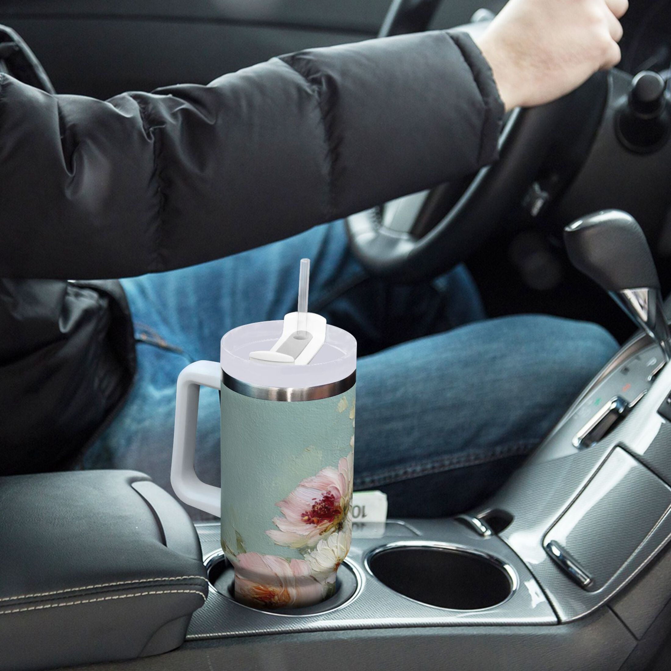 40 oz Insulated Stainless Steel Tumbler Double Wall Stainless Steel Tumbler with 2-Way Drinking Vintage Peonies and Daisies - KLSL