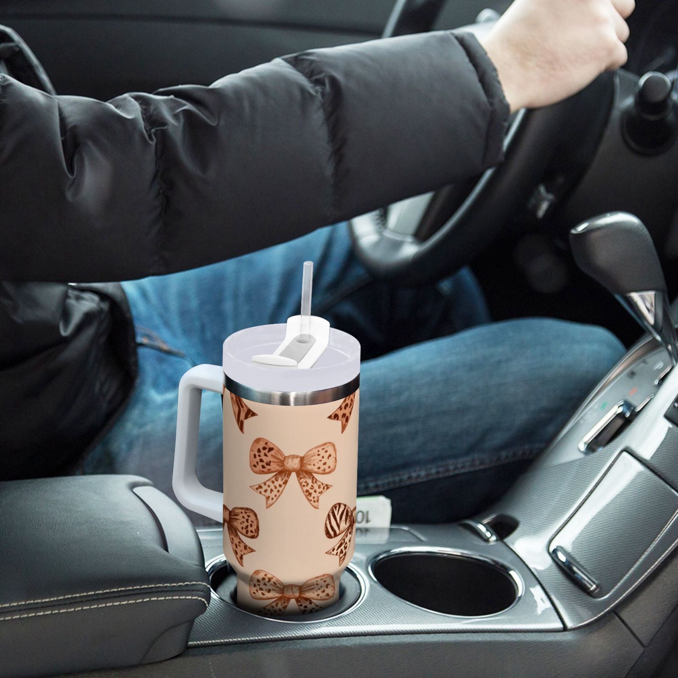 40 oz Insulated Stainless Steel Tumbler Double Wall Stainless Steel Tumbler with 2-Way Drinking Leopard Print Bow - D59H
