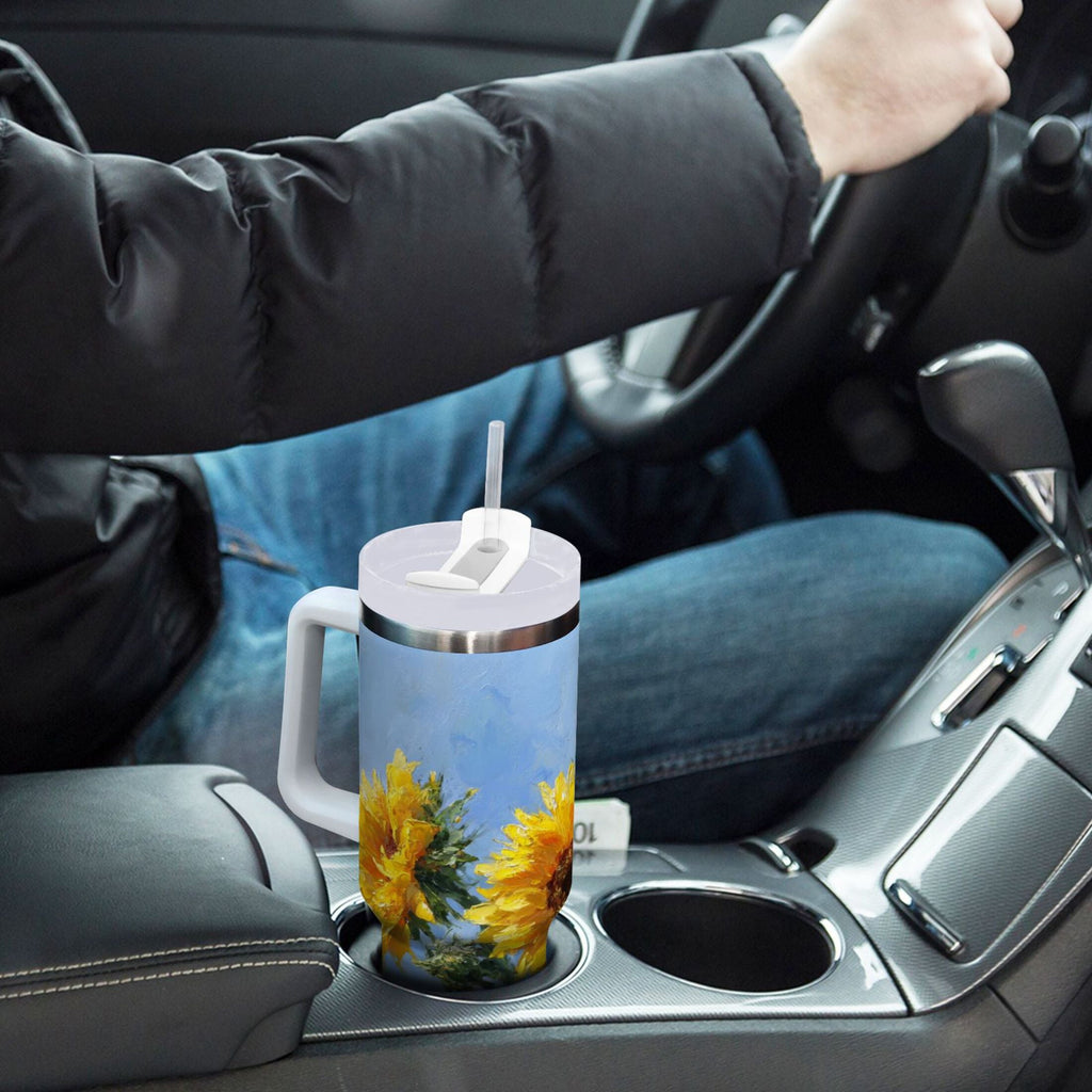 40 oz Insulated Stainless Steel Tumbler Double Wall Stainless Steel Tumbler with 2-Way Drinking Sunflowers Painting - WQK8