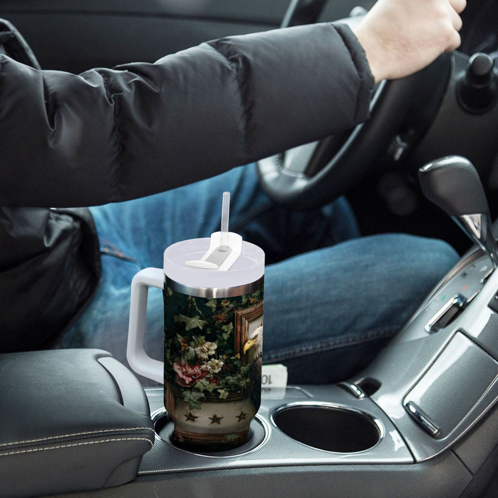 30 oz Insulated Stainless Steel Tumbler Double Wall Stainless Steel Tumbler with 2-Way Drinking Wreath and Bald Eagle - NZSZ
