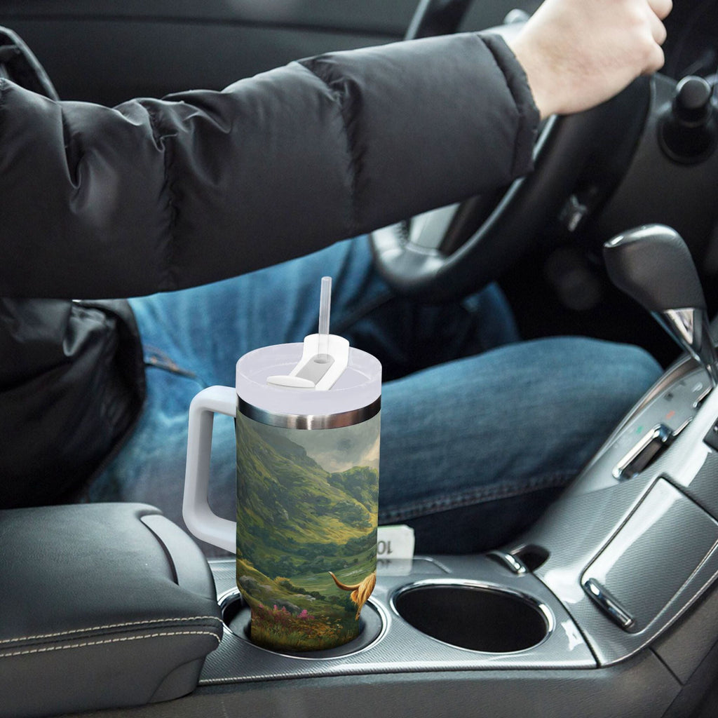 30 oz Insulated Stainless Steel Tumbler Double Wall Stainless Steel Tumbler with 2-Way Drinking Cow in Green Rolling Hills - PQ9H