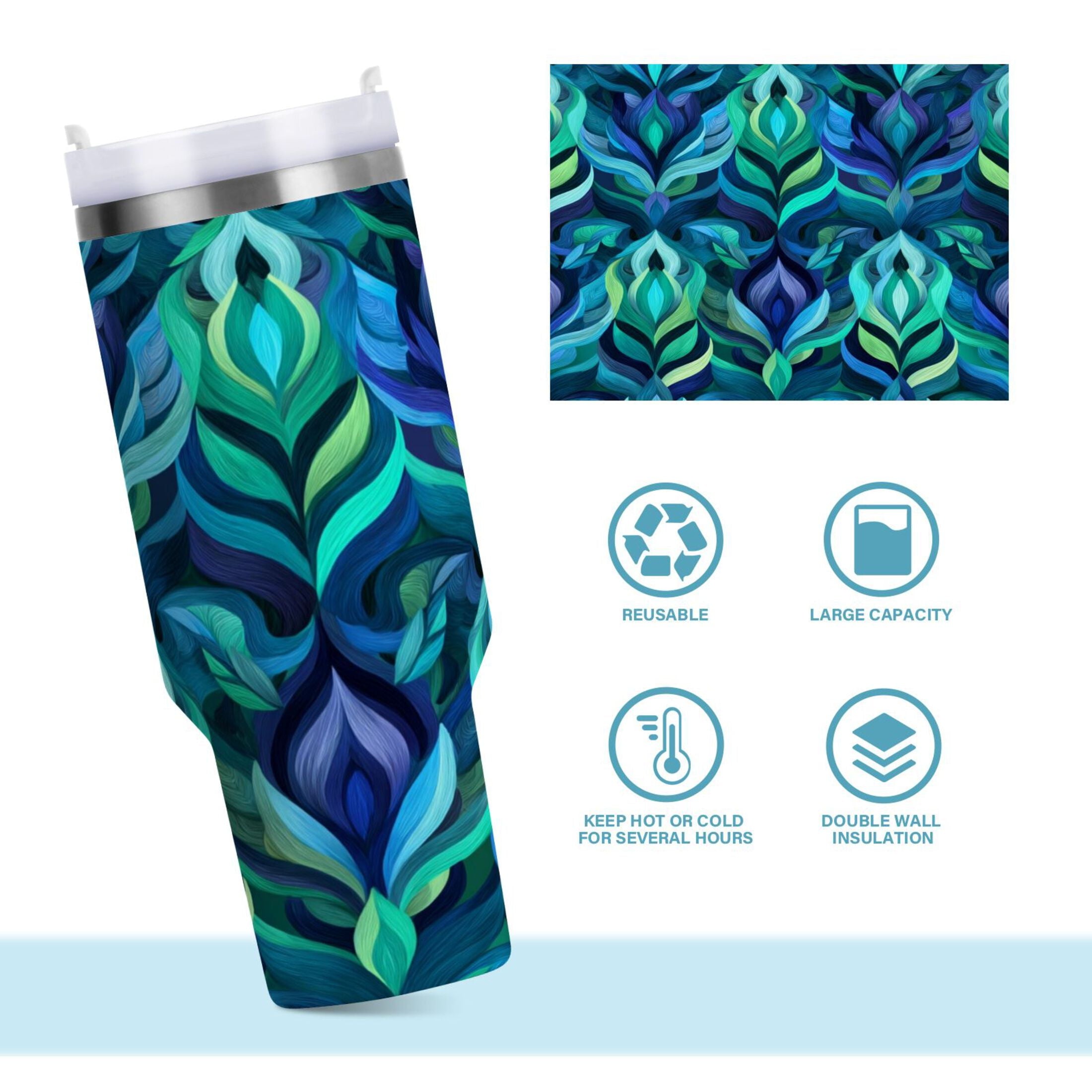 40 oz Insulated Stainless Steel Tumbler Double Wall Stainless Steel Tumbler with 2-Way Drinking Elegant Blue Abstract Shapes - 6YY7