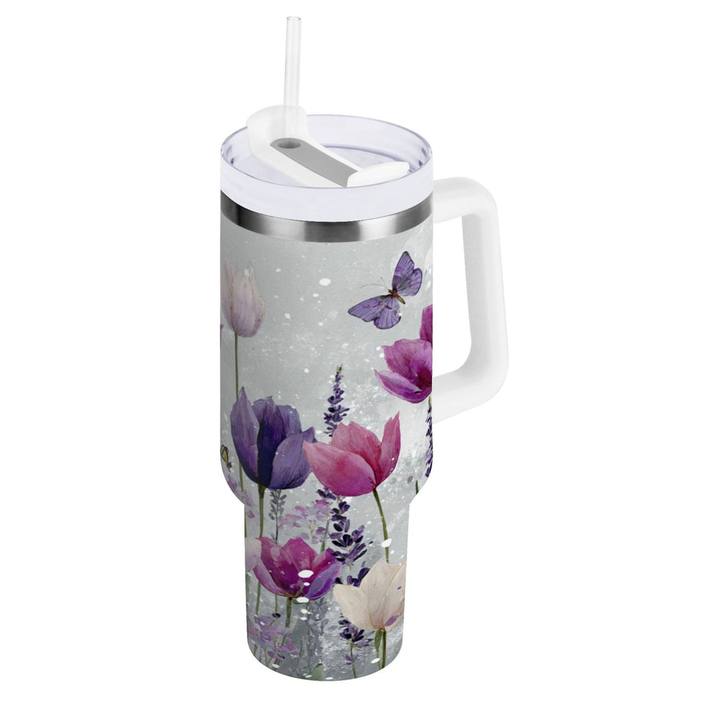 40 oz Insulated Stainless Steel Tumbler Double Wall Stainless Steel Tumbler with 2-Way Drinking Colorful Tulips and Lavender - YHBY