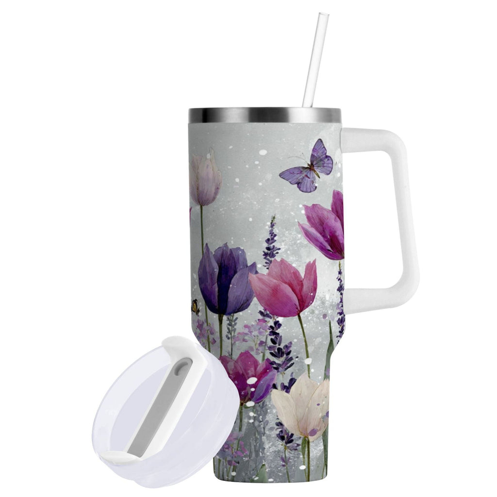 40 oz Insulated Stainless Steel Tumbler Double Wall Stainless Steel Tumbler with 2-Way Drinking Colorful Tulips and Lavender - YHBY