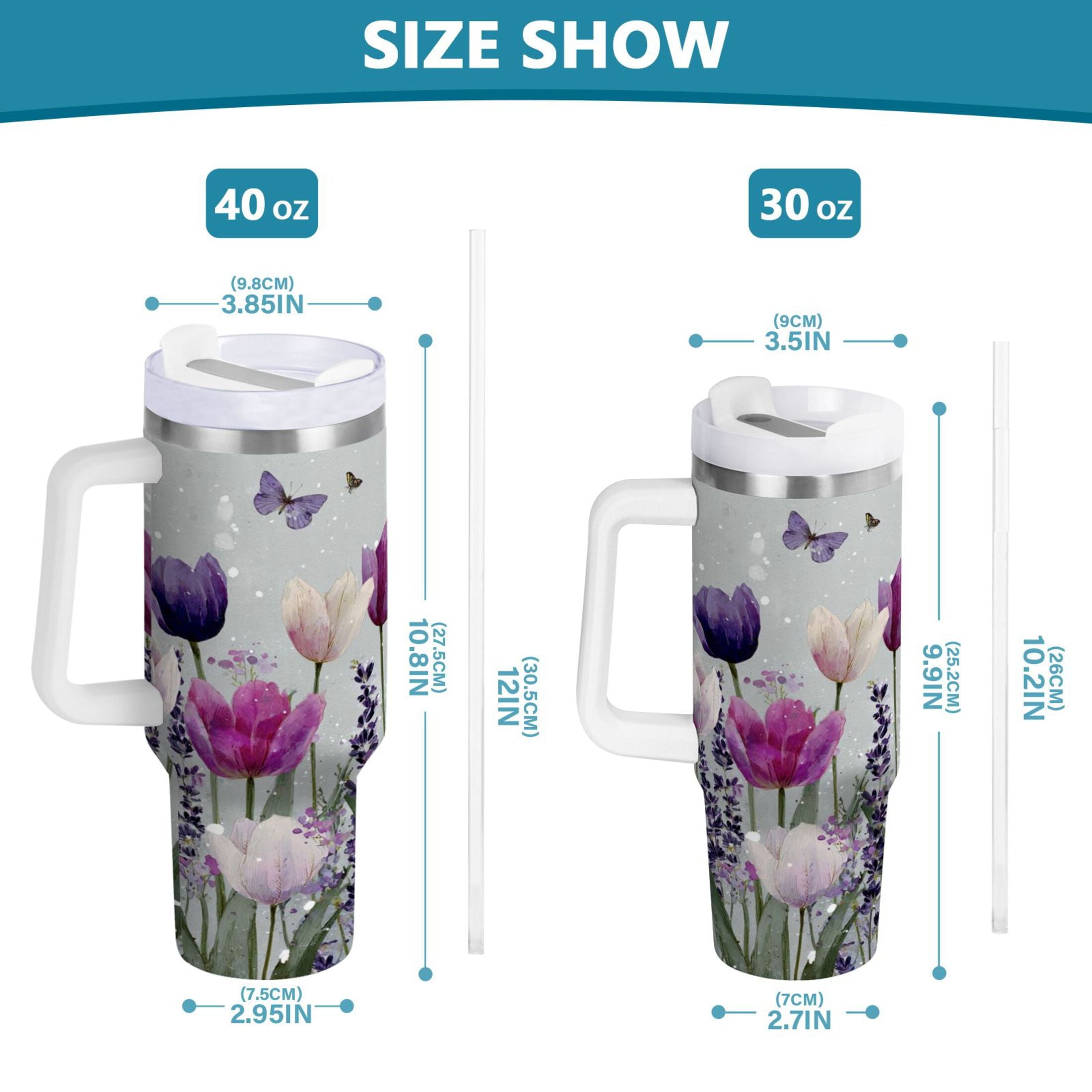 40 oz Insulated Stainless Steel Tumbler Double Wall Stainless Steel Tumbler with 2-Way Drinking Colorful Tulips and Lavender - YHBY