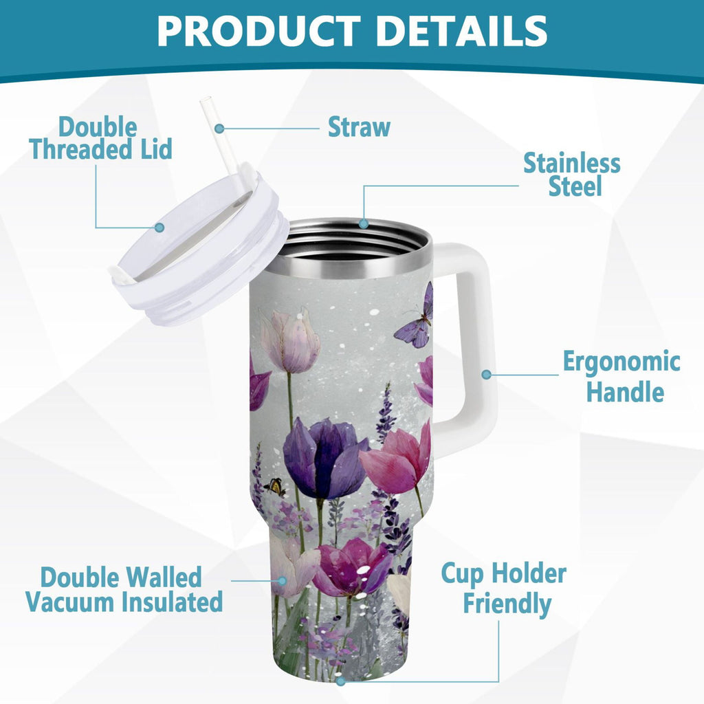 40 oz Insulated Stainless Steel Tumbler Double Wall Stainless Steel Tumbler with 2-Way Drinking Colorful Tulips and Lavender - YHBY
