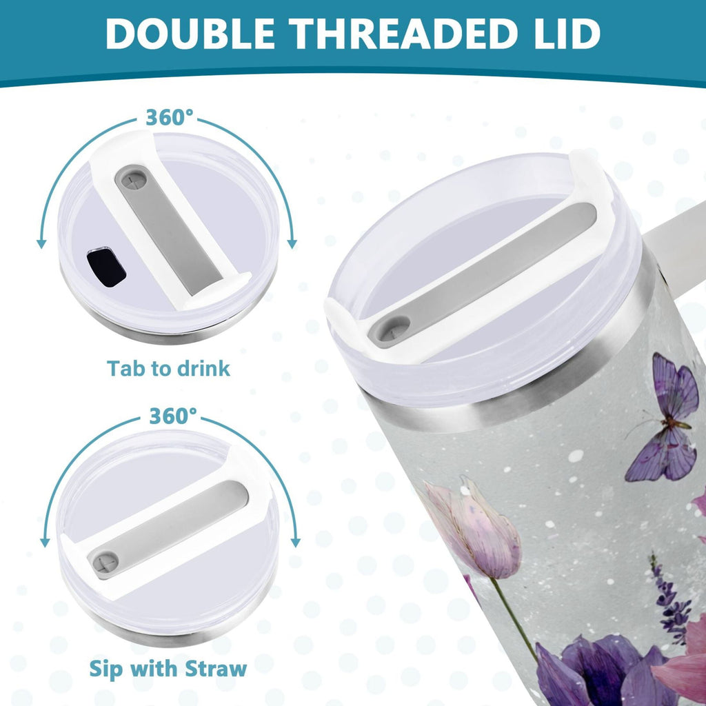 40 oz Insulated Stainless Steel Tumbler Double Wall Stainless Steel Tumbler with 2-Way Drinking Colorful Tulips and Lavender - YHBY