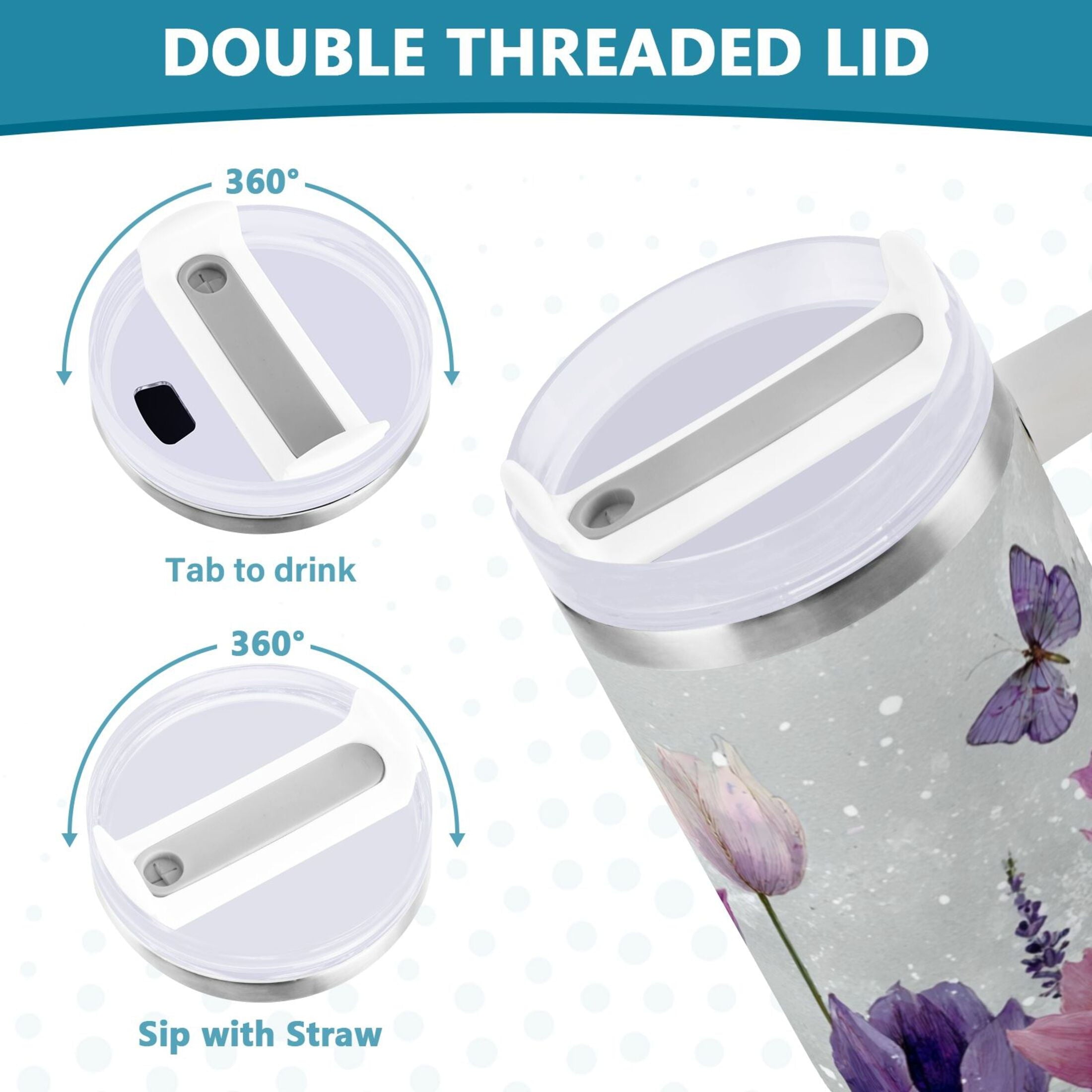 40 oz Insulated Stainless Steel Tumbler Double Wall Stainless Steel Tumbler with 2-Way Drinking Colorful Tulips and Lavender - YHBY