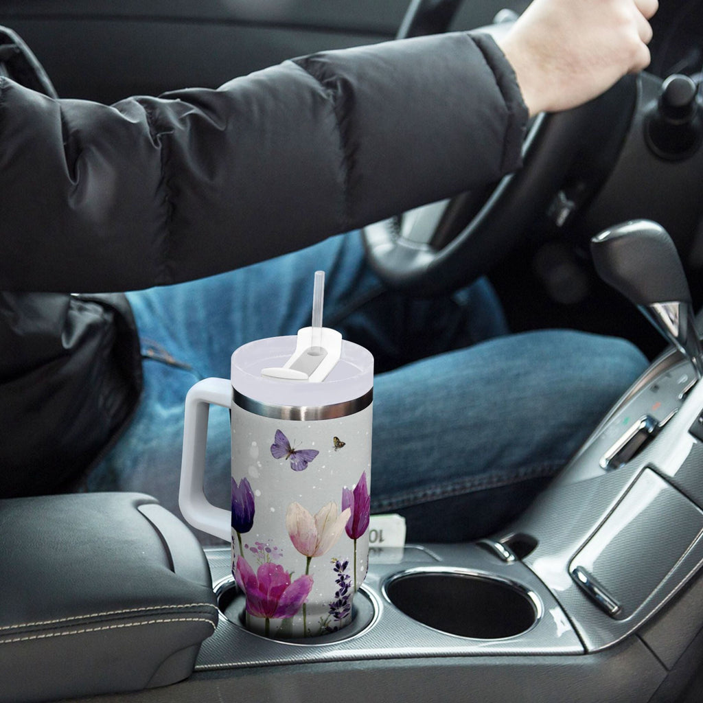 40 oz Insulated Stainless Steel Tumbler Double Wall Stainless Steel Tumbler with 2-Way Drinking Colorful Tulips and Lavender - YHBY