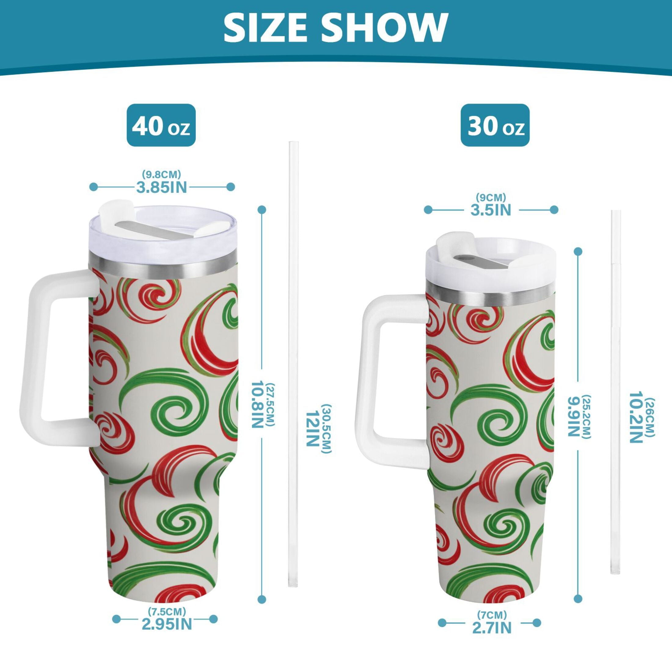 40 oz Insulated Stainless Steel Tumbler Double Wall Stainless Steel Tumbler with 2-Way Drinking Red and Green Swirls - 3TLR